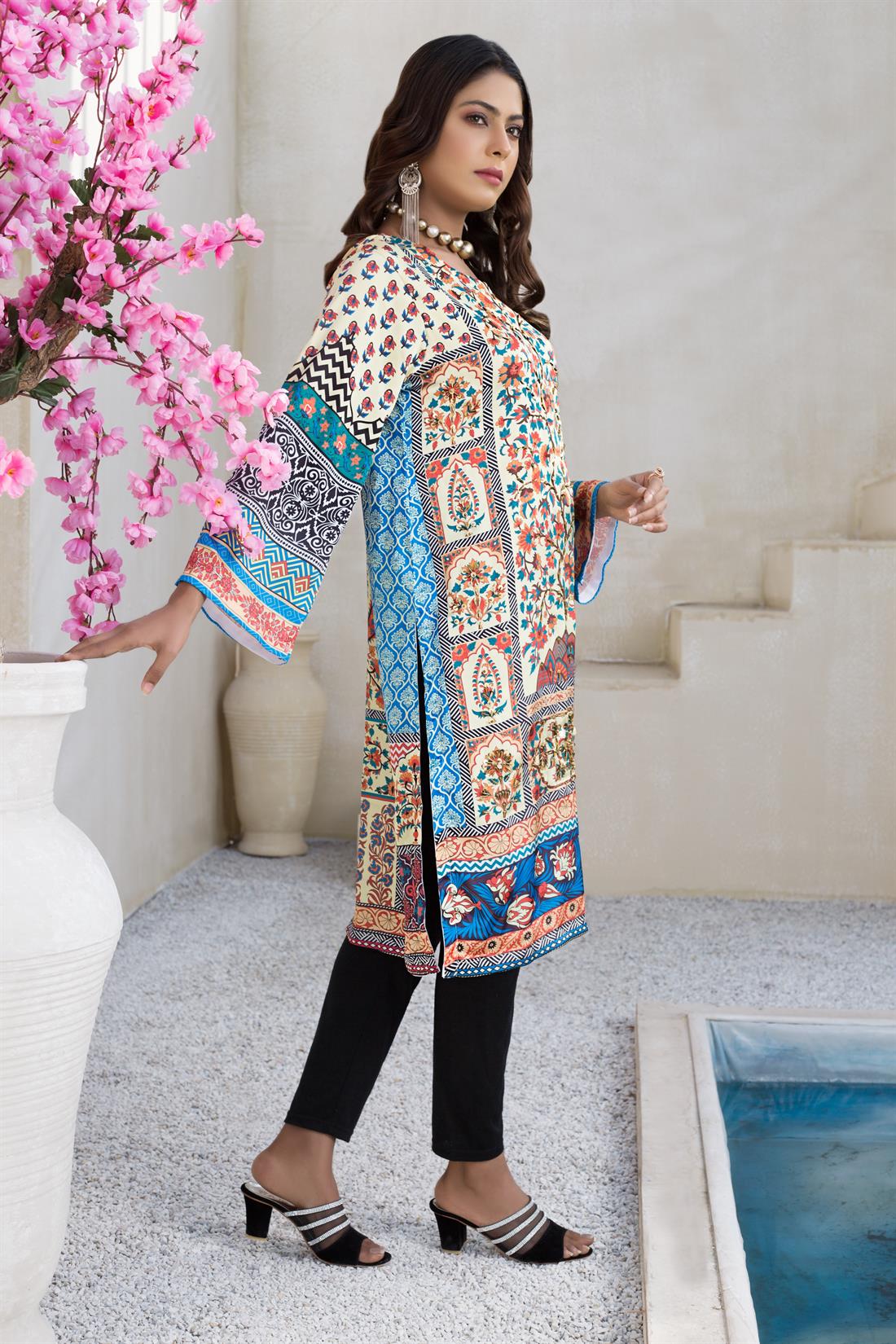 Light Yellow Silk Digital Printed Readymade Kurta