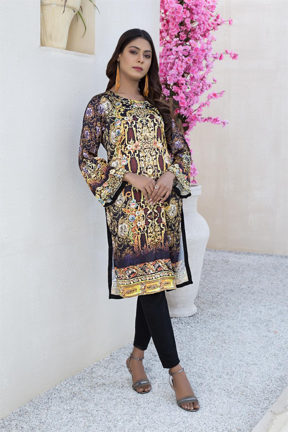 Black & Multicolour Black/Multicolour Silk Digital Printed Readymade Kurta