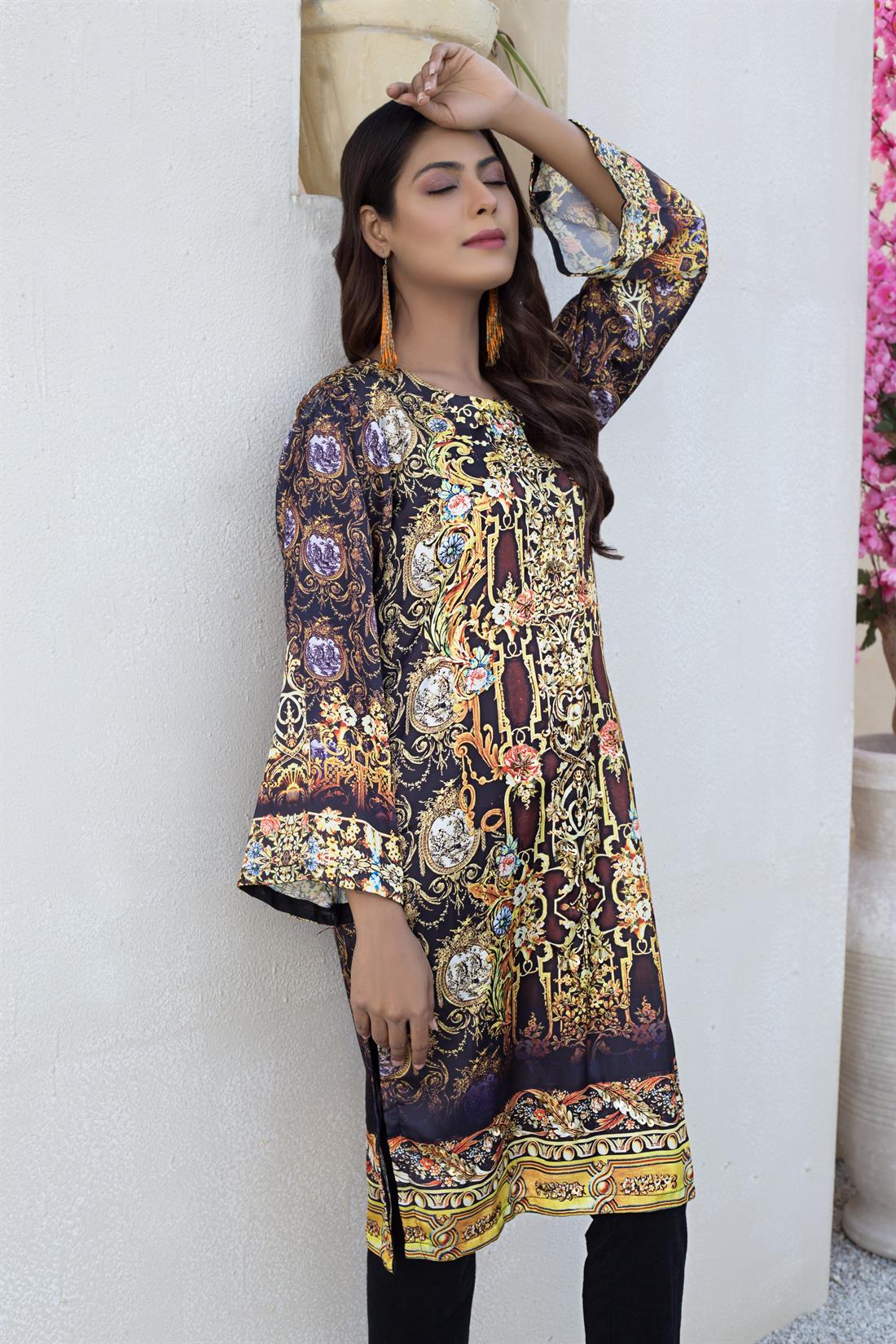 Black & Multicolour Black/Multicolour Silk Digital Printed Readymade Kurta