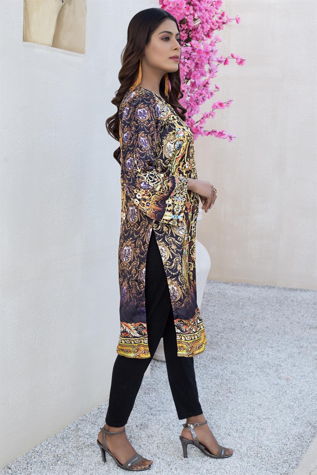 Black & Multicolour Black/Multicolour Silk Digital Printed Readymade Kurta