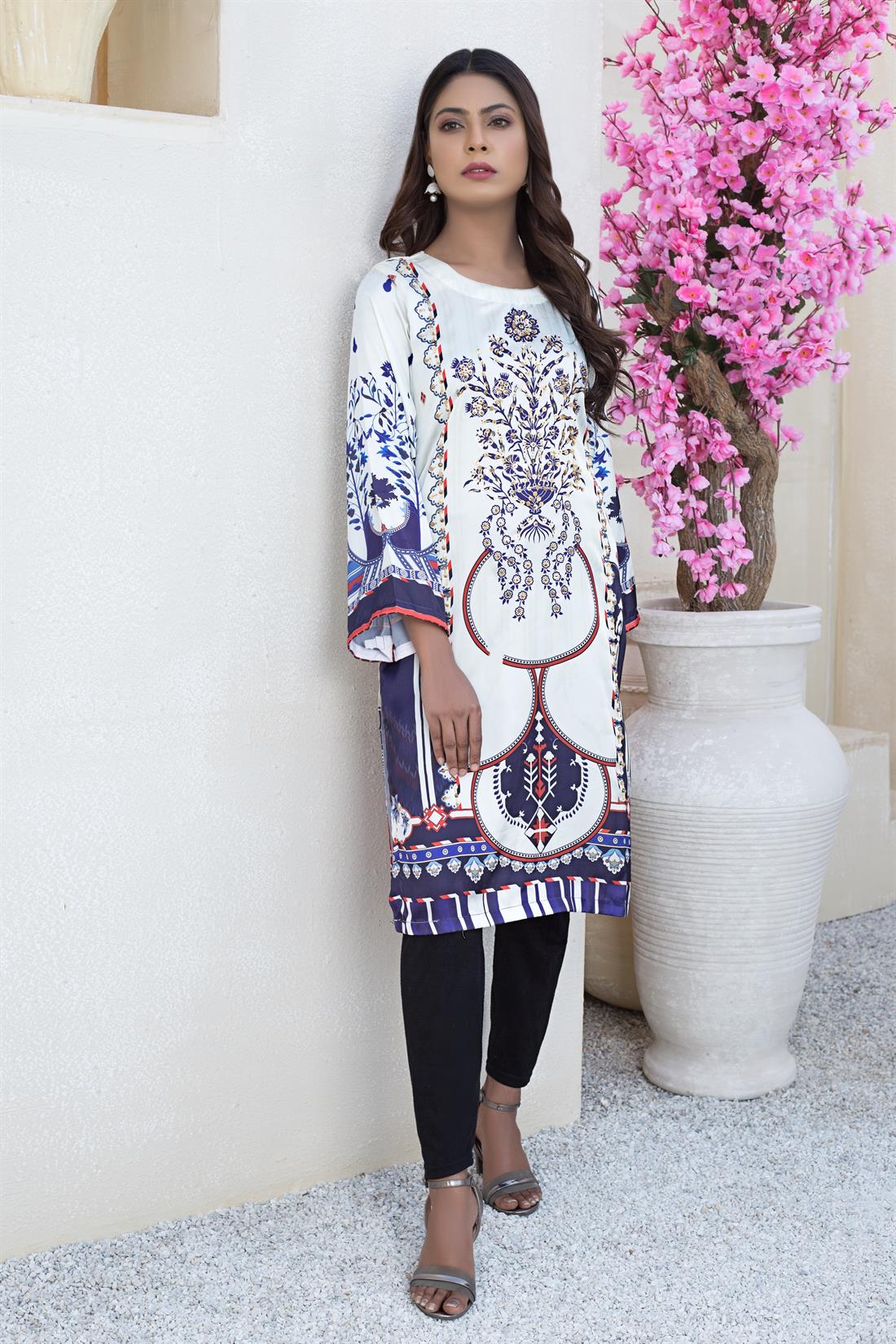 Cream 1 PC Silk Digital Printed Readymade Kurta