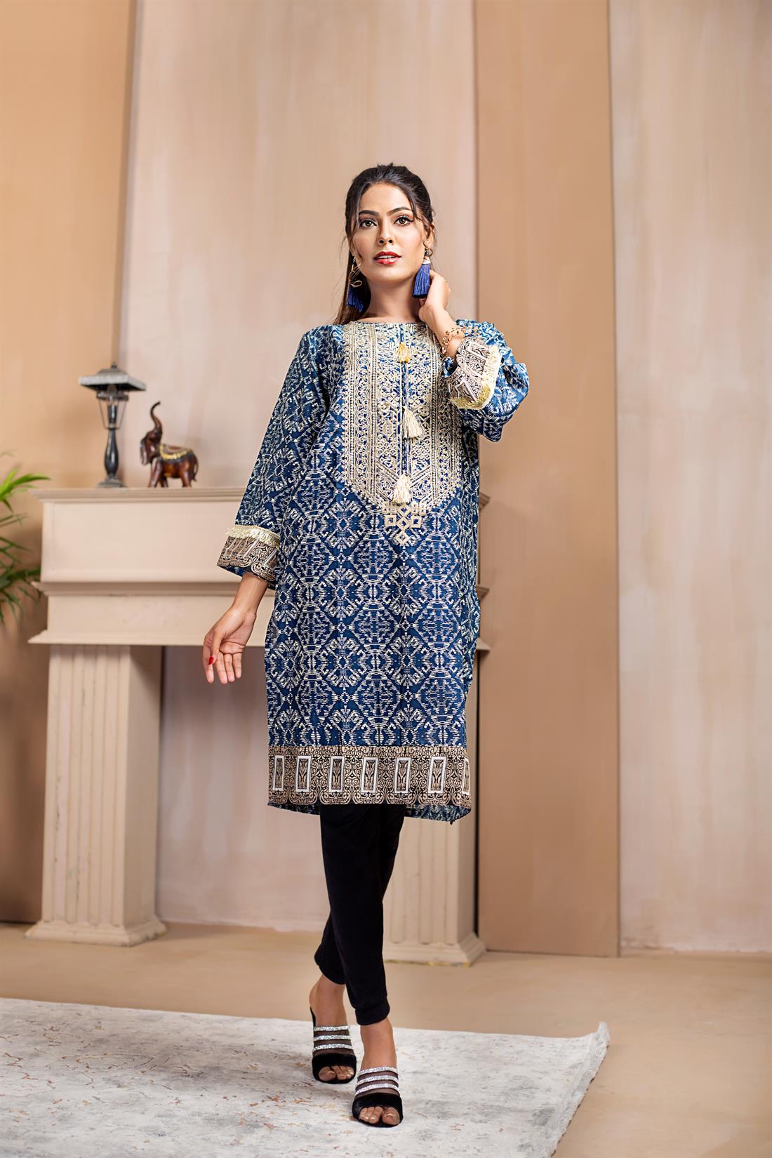 Navy Blue 1 PC Printed Readymade Embroidered Kurta