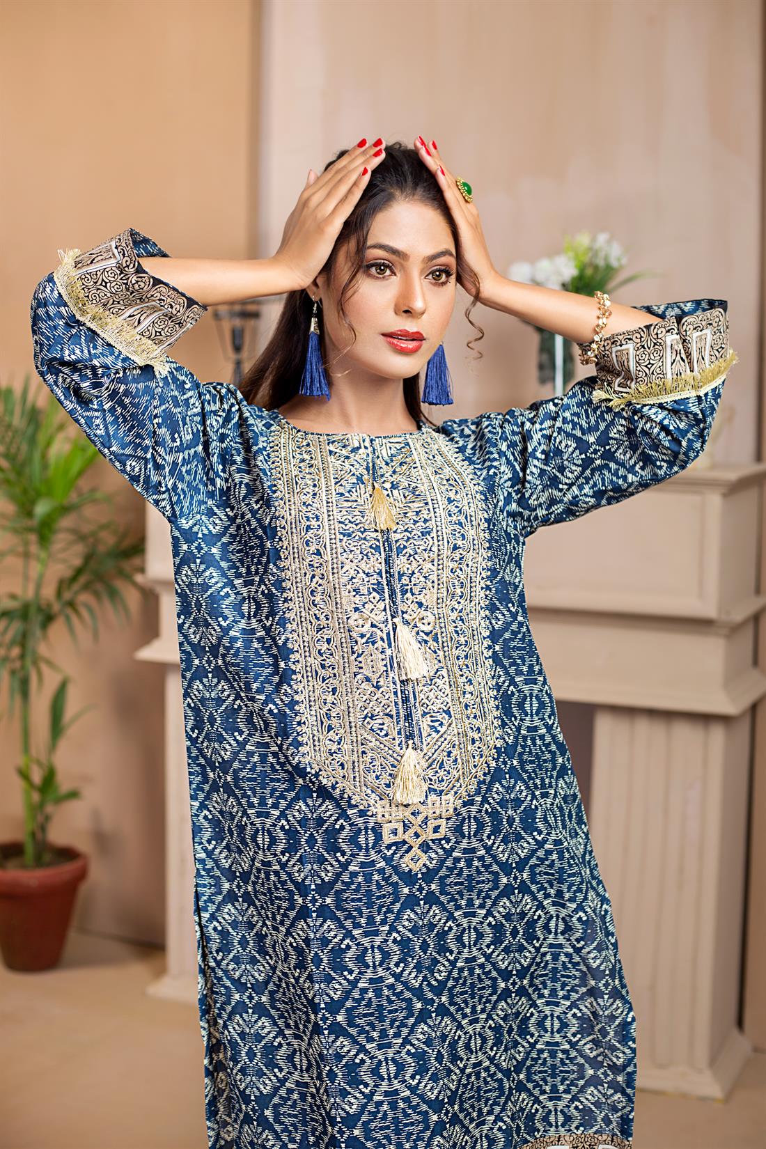 Navy Blue 1 PC Printed Readymade Embroidered Kurta