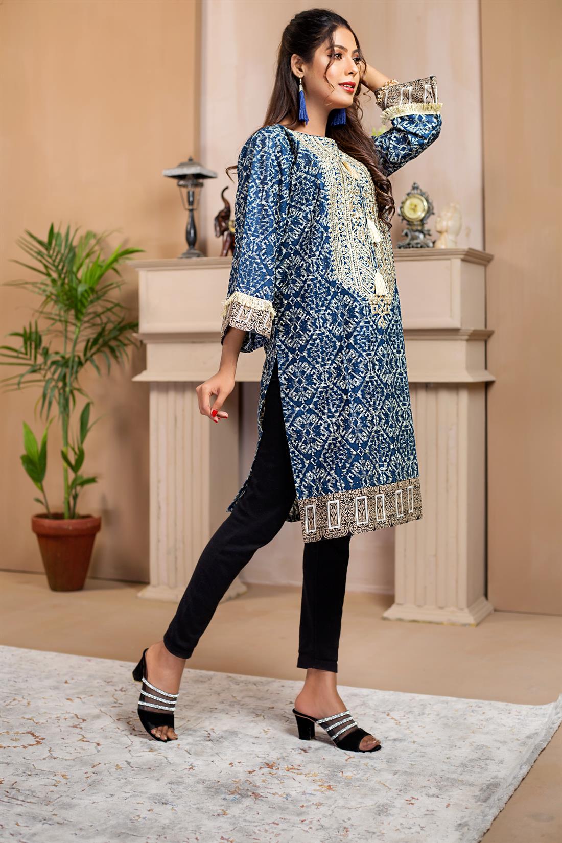 Navy Blue 1 PC Printed Readymade Embroidered Kurta