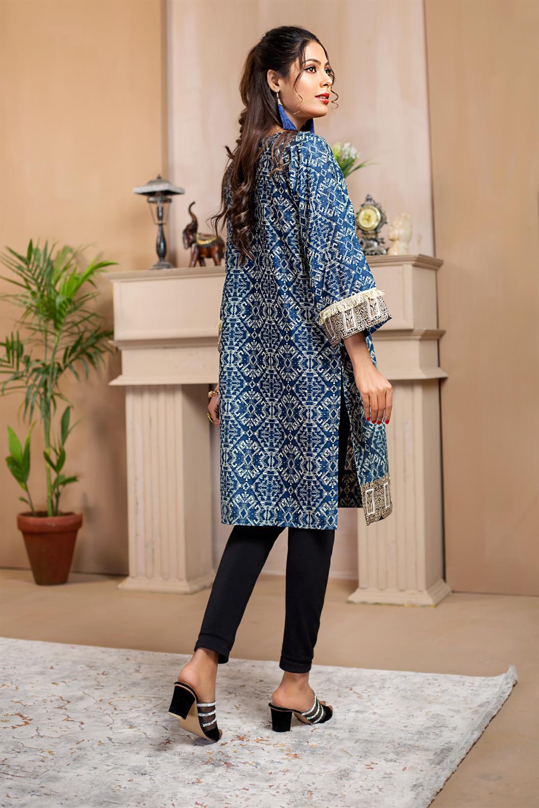 Navy Blue 1 PC Printed Readymade Embroidered Kurta