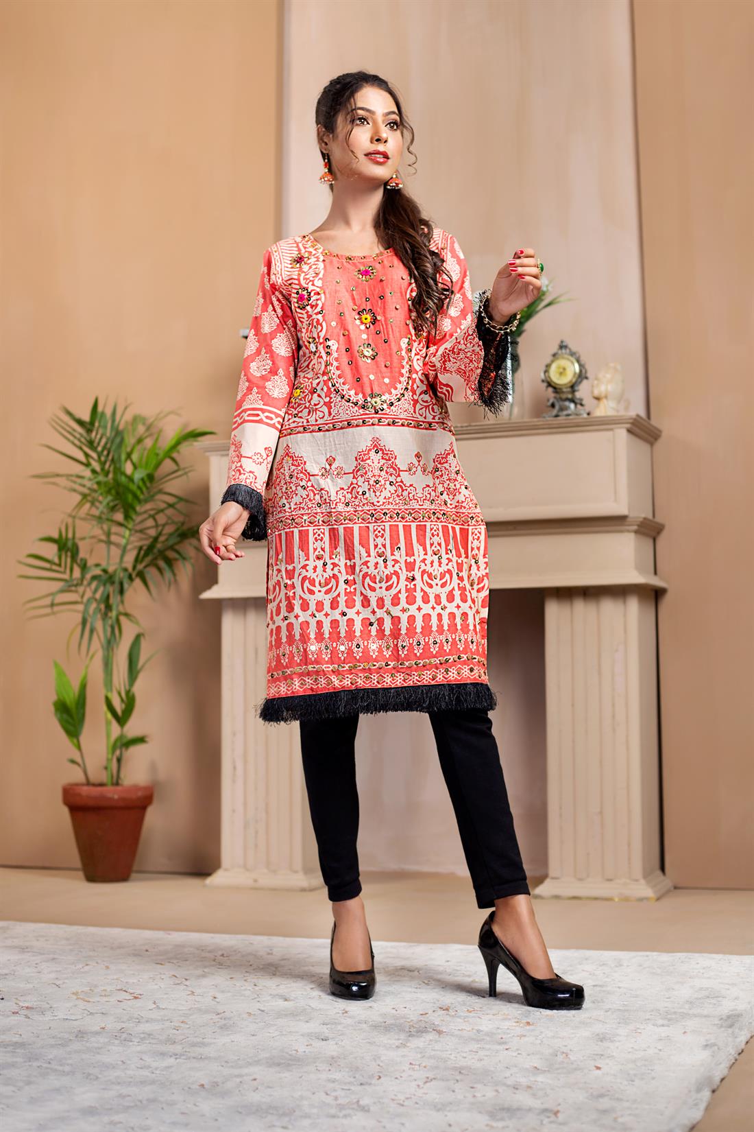 Peach Stunning Printed Readymade Embroidered Kurta