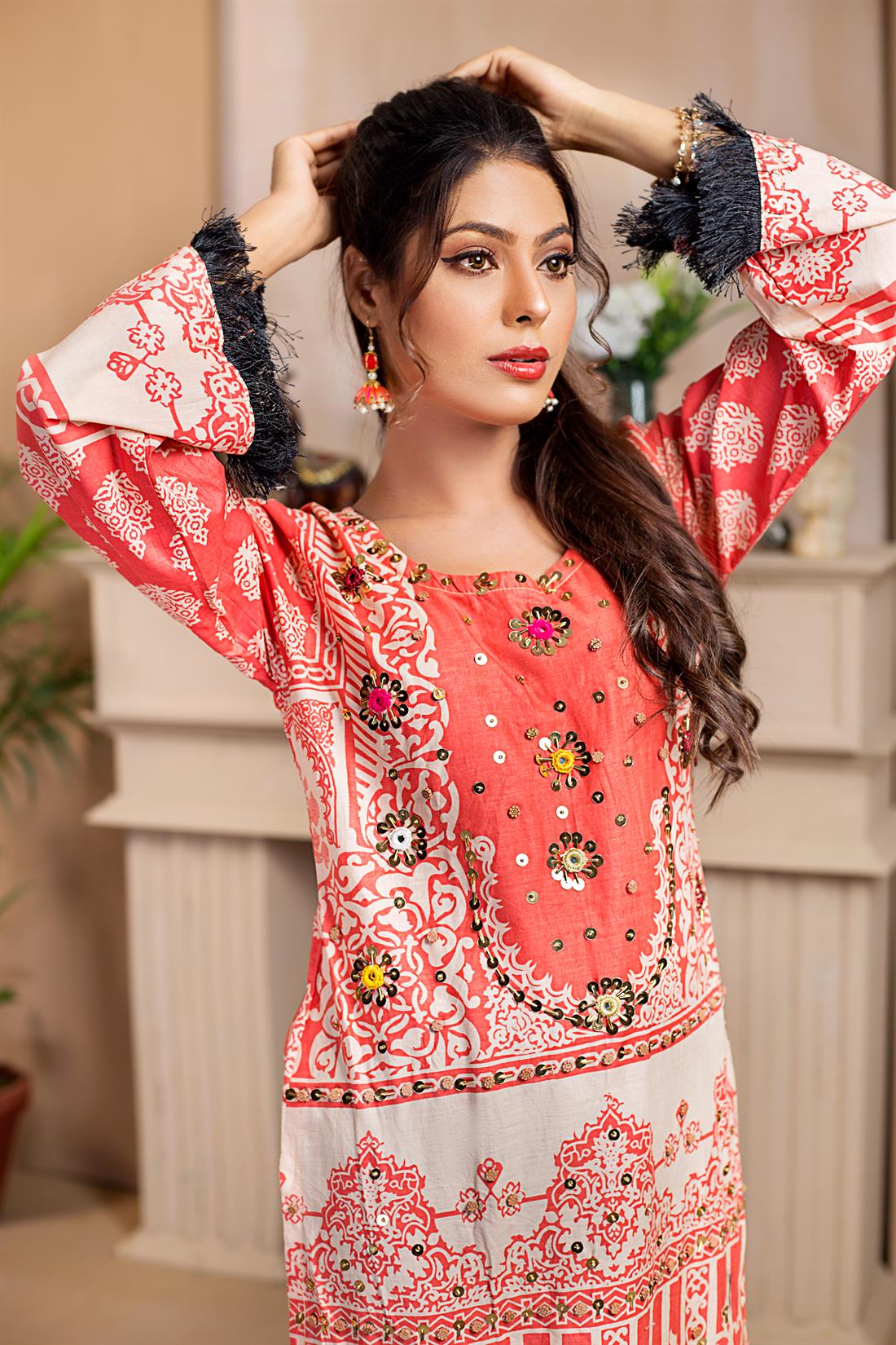 Peach Stunning Printed Readymade Embroidered Kurta