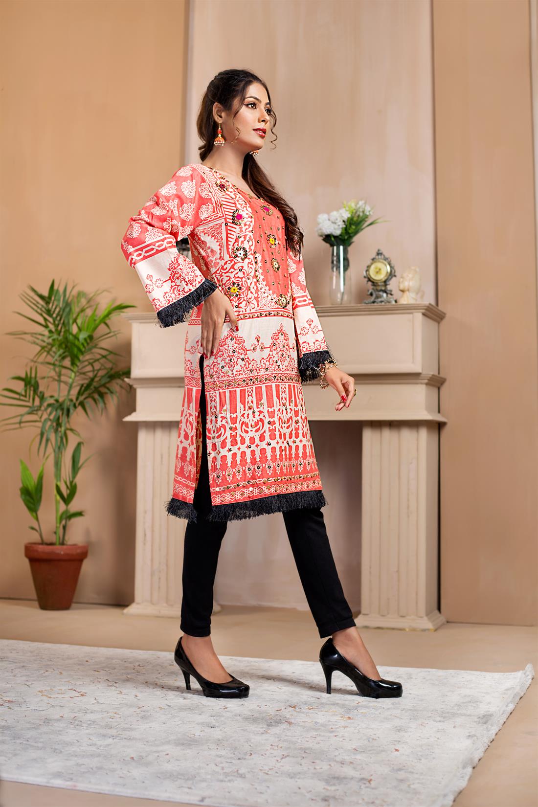Peach Stunning Printed Readymade Embroidered Kurta