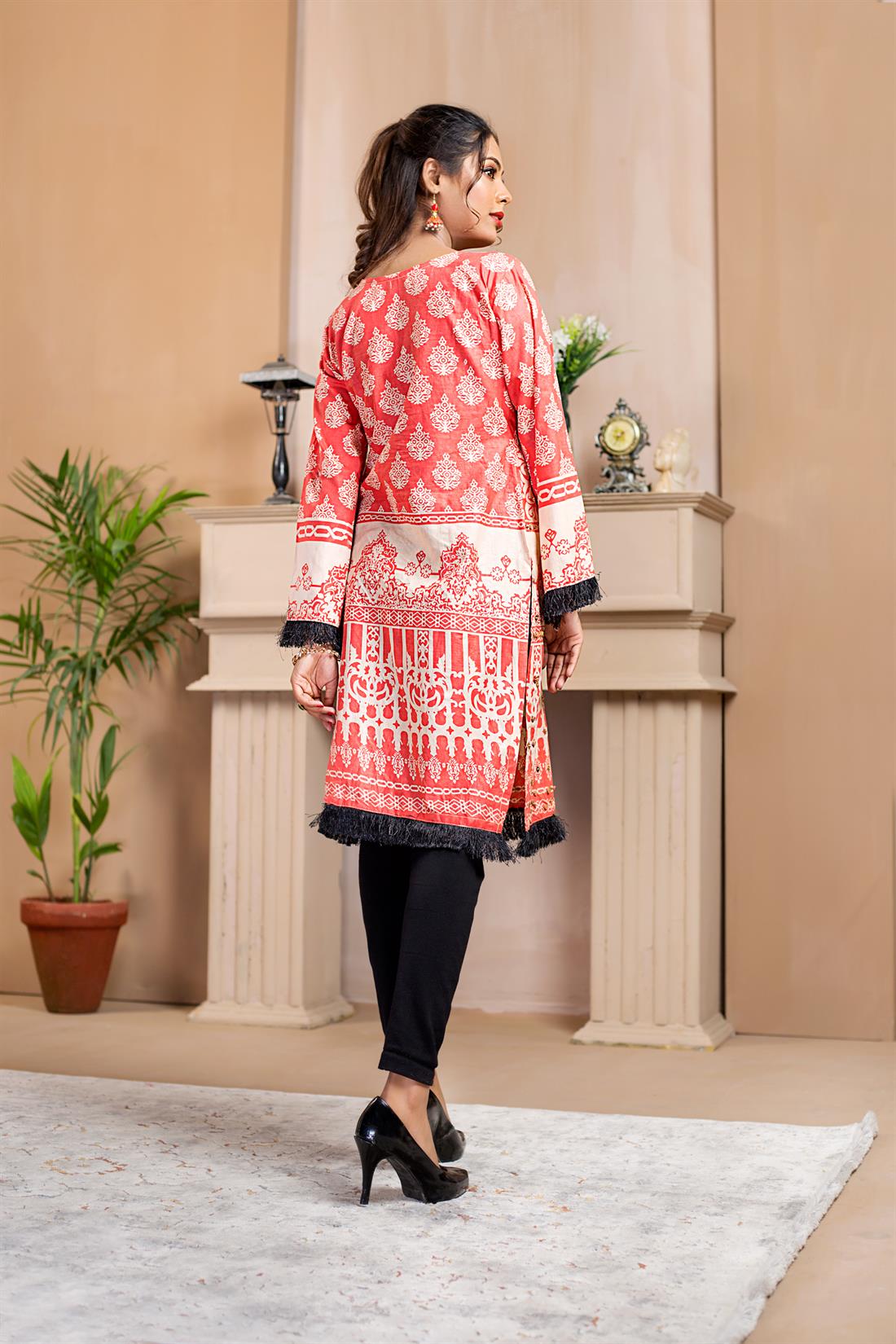 Peach Stunning Printed Readymade Embroidered Kurta
