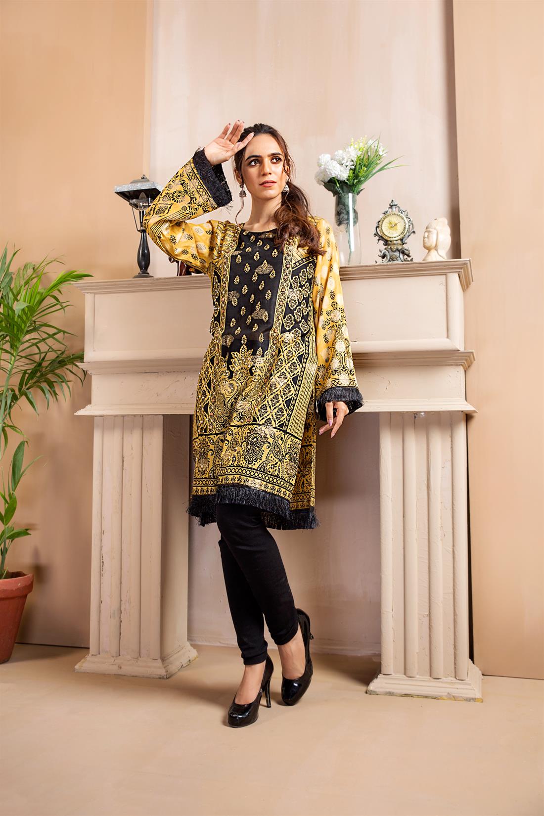 Yellow Stunning Printed Readymade Embroidered Kurta