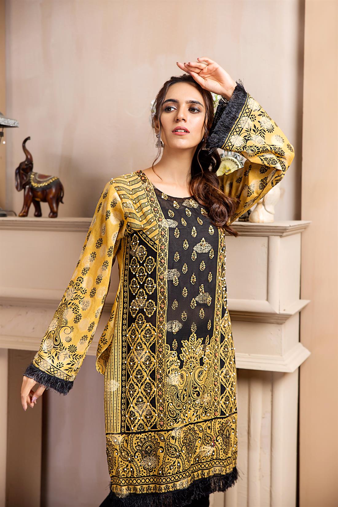 Yellow Stunning Printed Readymade Embroidered Kurta