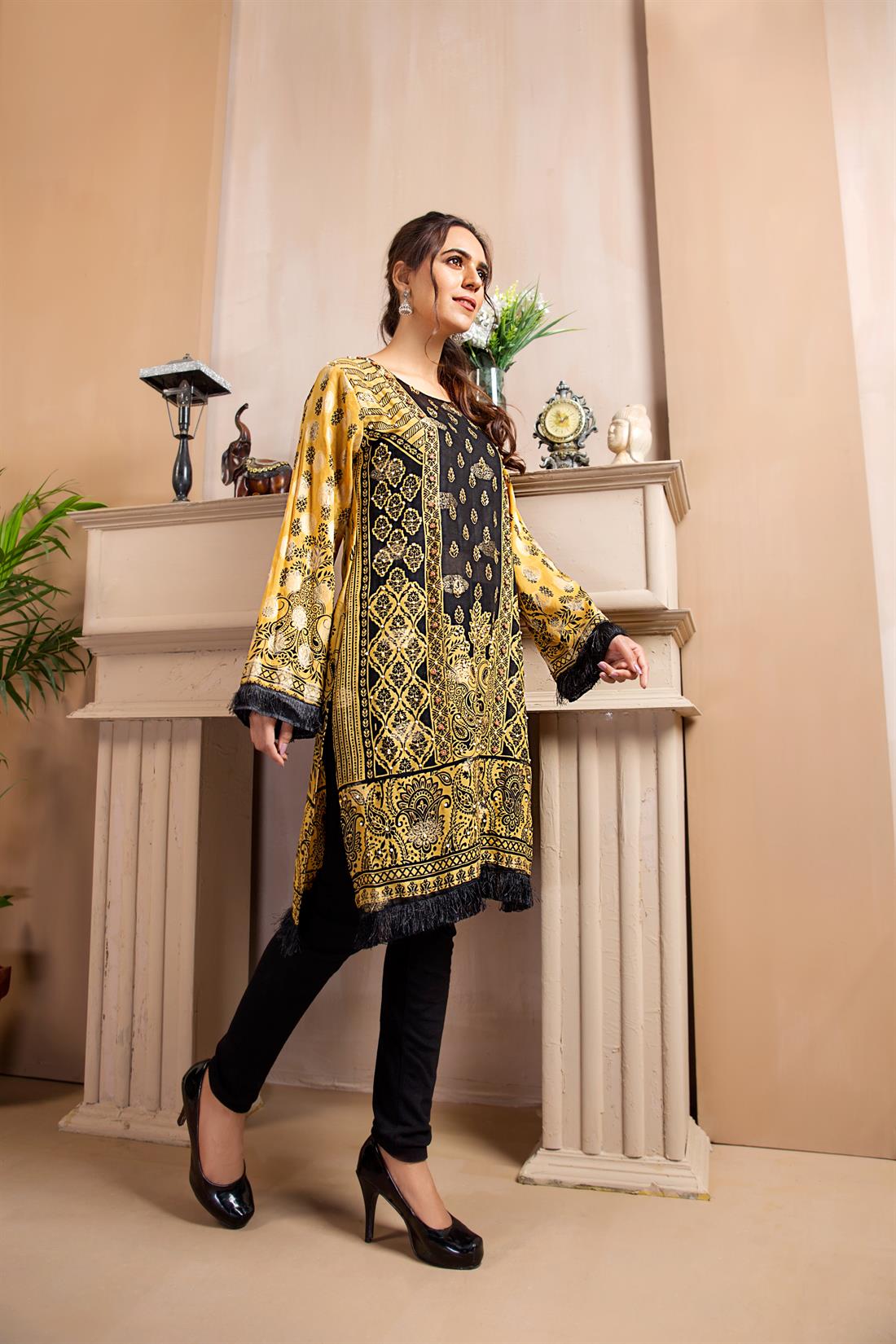 Yellow Stunning Printed Readymade Embroidered Kurta