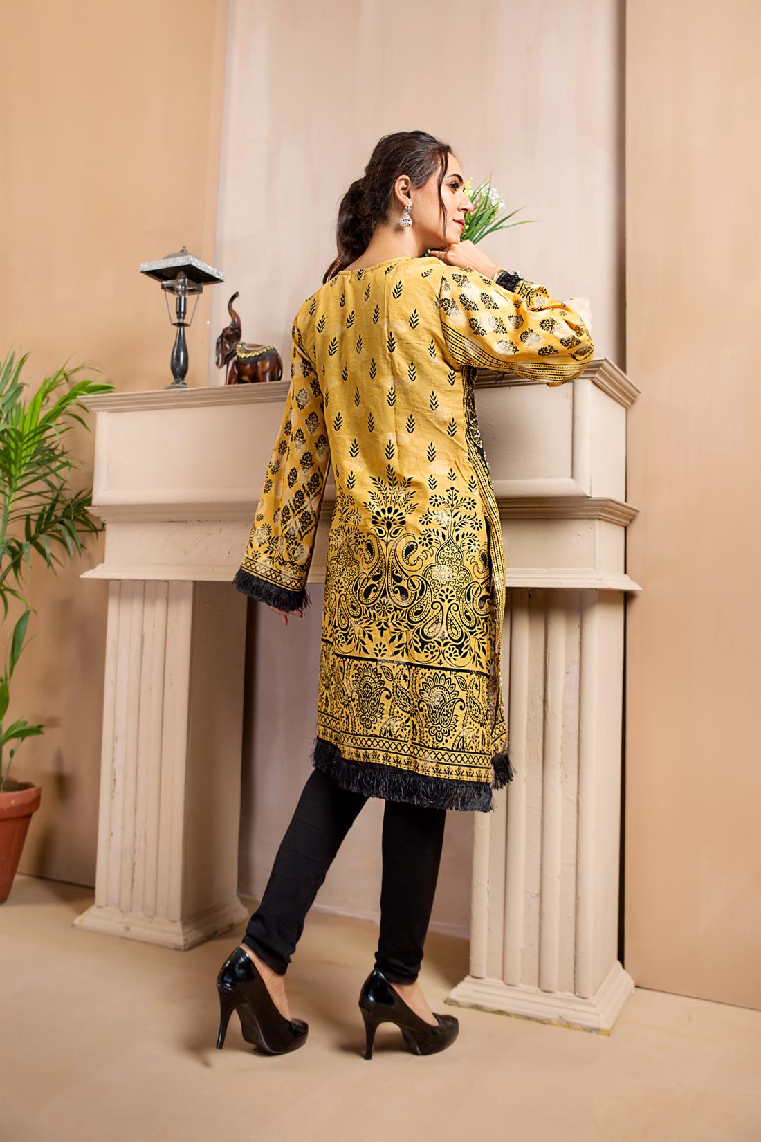 Yellow Stunning Printed Readymade Embroidered Kurta