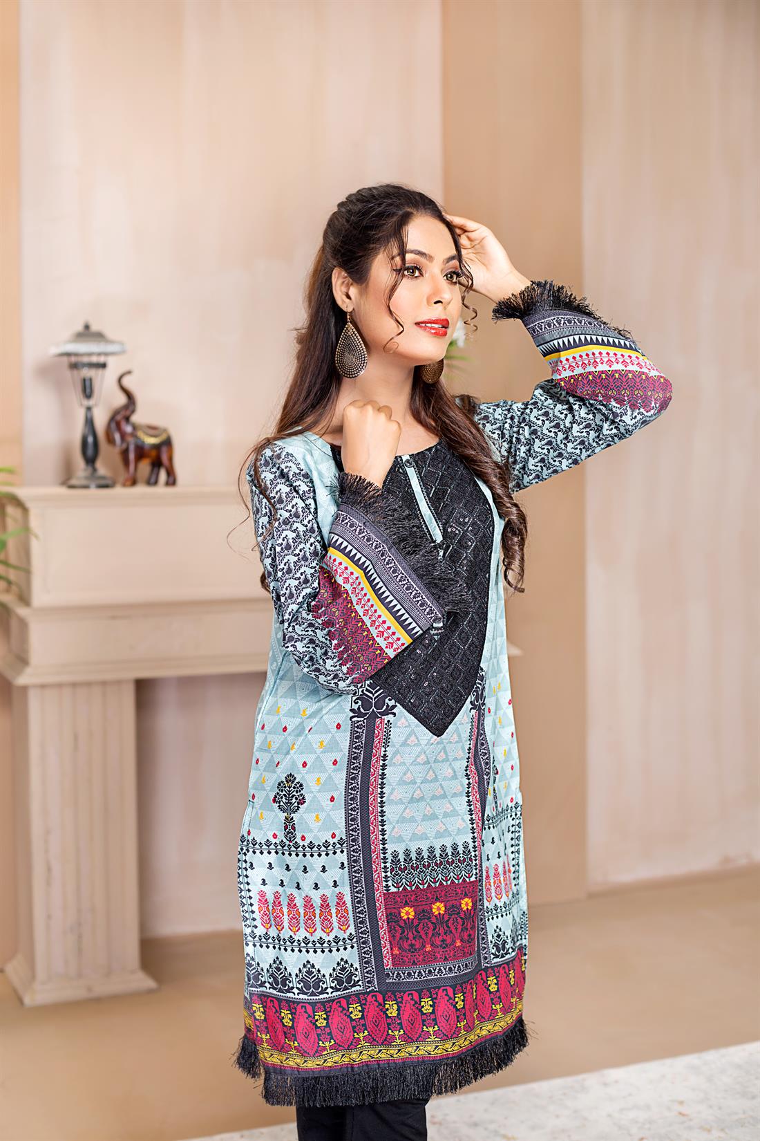 Mint Blue & Black Blue/Black Printed Readymade Embroidered Kurta