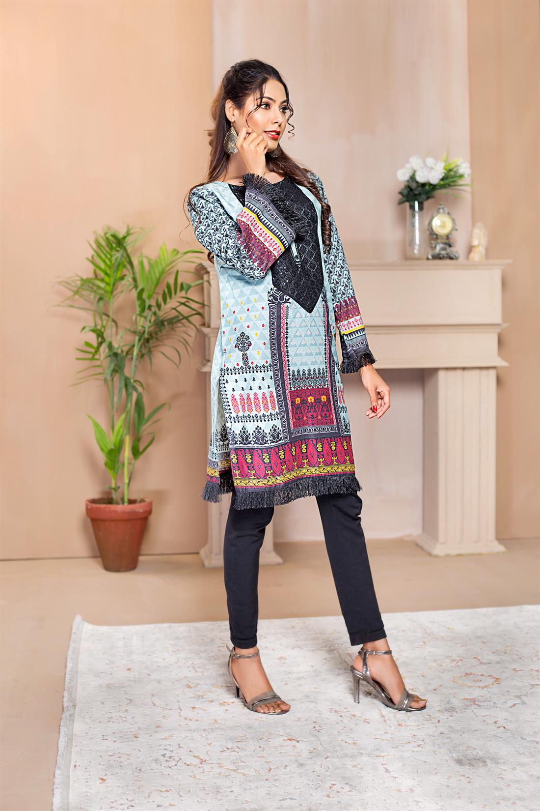 Mint Blue & Black Blue/Black Printed Readymade Embroidered Kurta