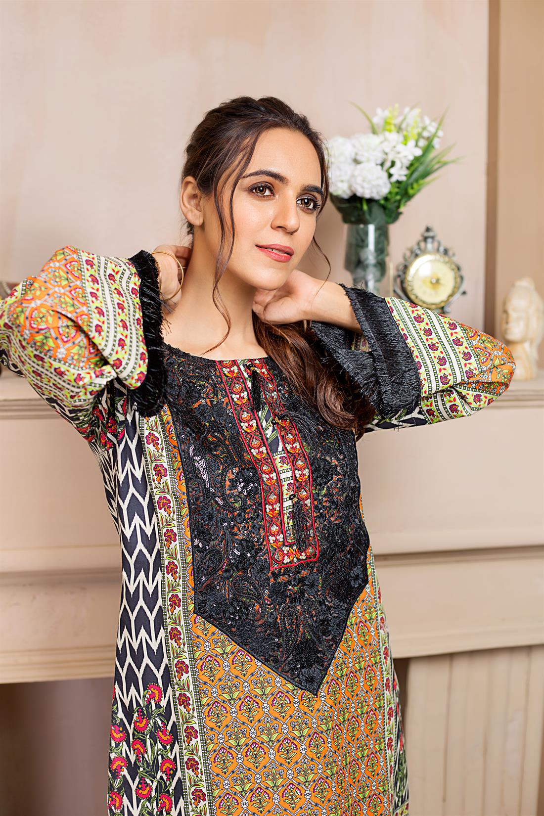 Black & Orange Black/Orange Printed Readymade Embroidered Kurta