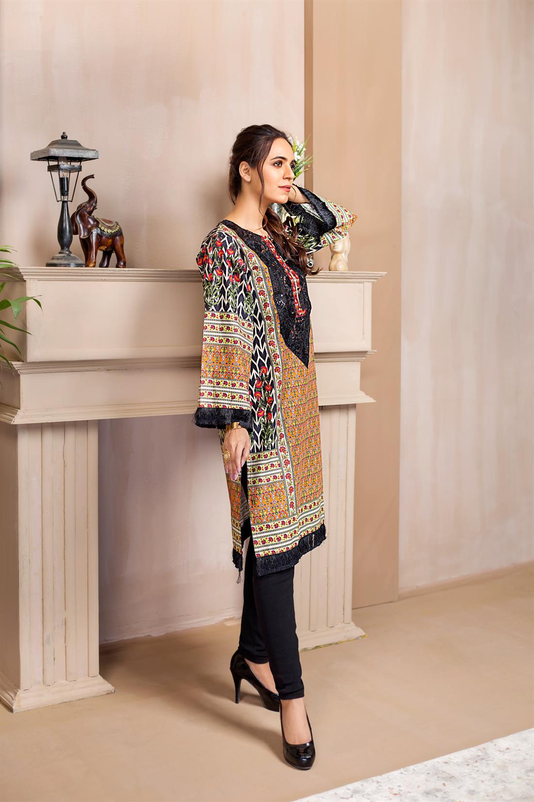 Black & Orange Black/Orange Printed Readymade Embroidered Kurta