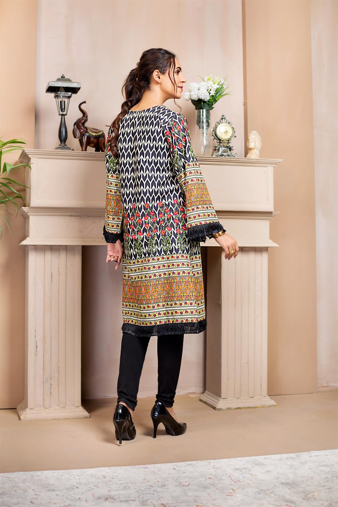 Black & Orange Black/Orange Printed Readymade Embroidered Kurta