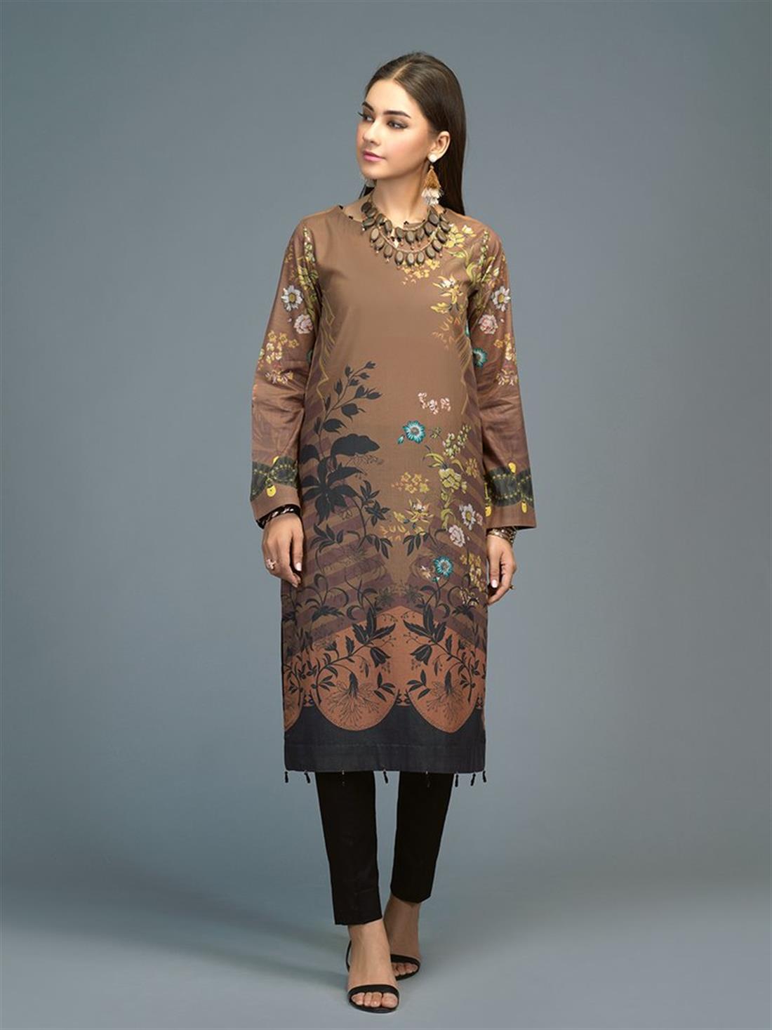 Brown 1 PC Readymade Digital Printed Lawn Shirt