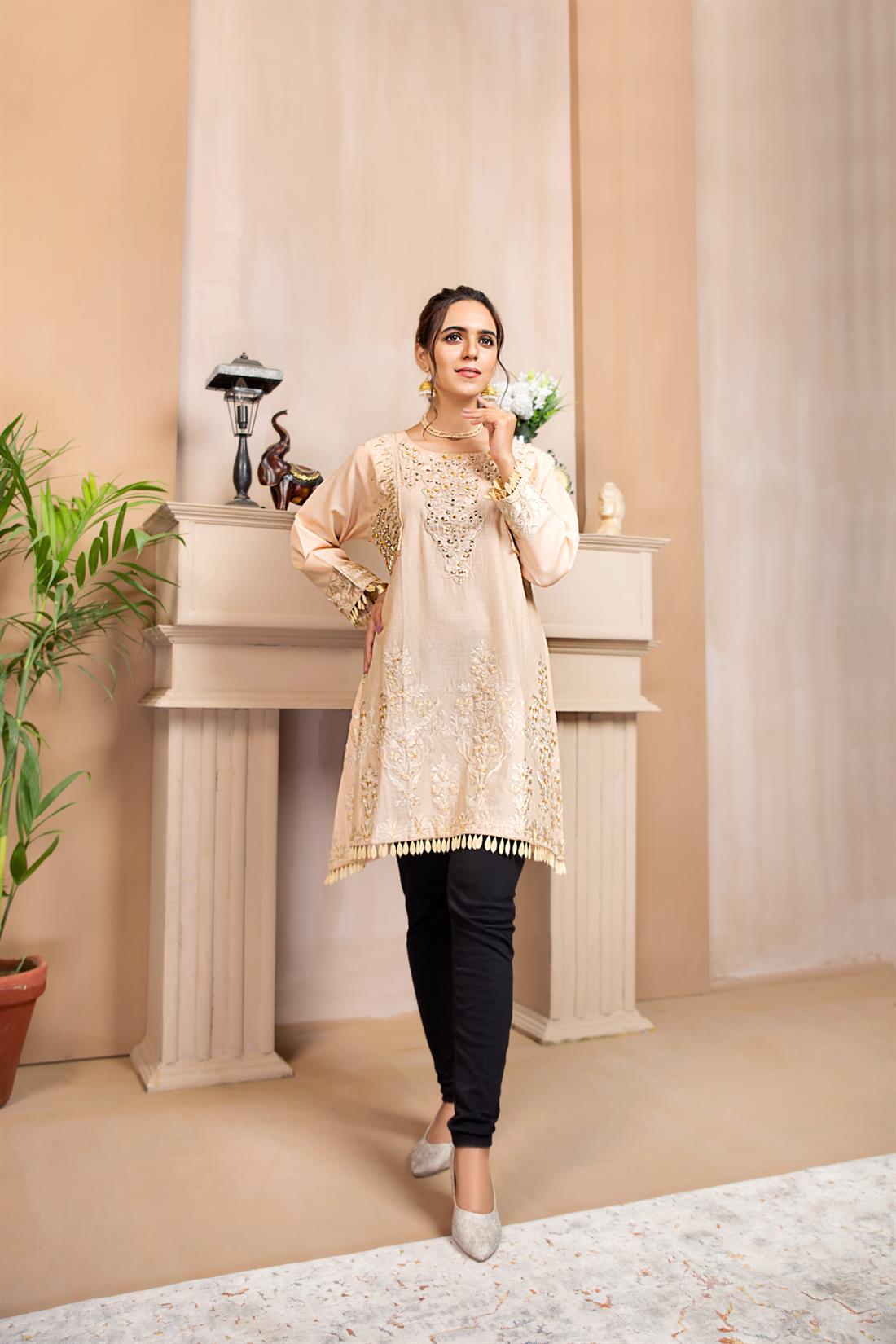 Beige Embroidered Ladies Tunics and Kurta
