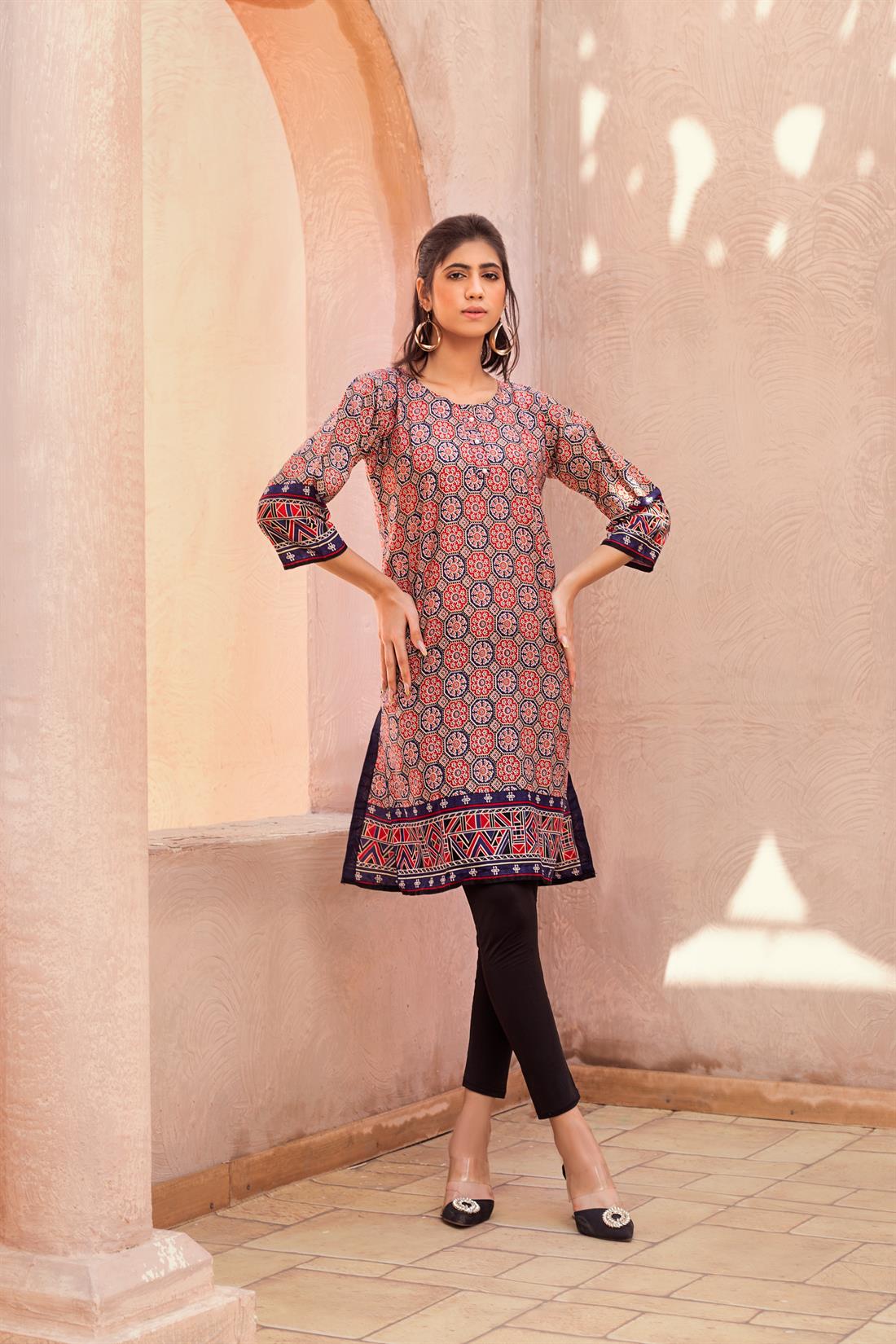 Navy & RED Navy/Red Traditional Printed Kurta with Pearl Button