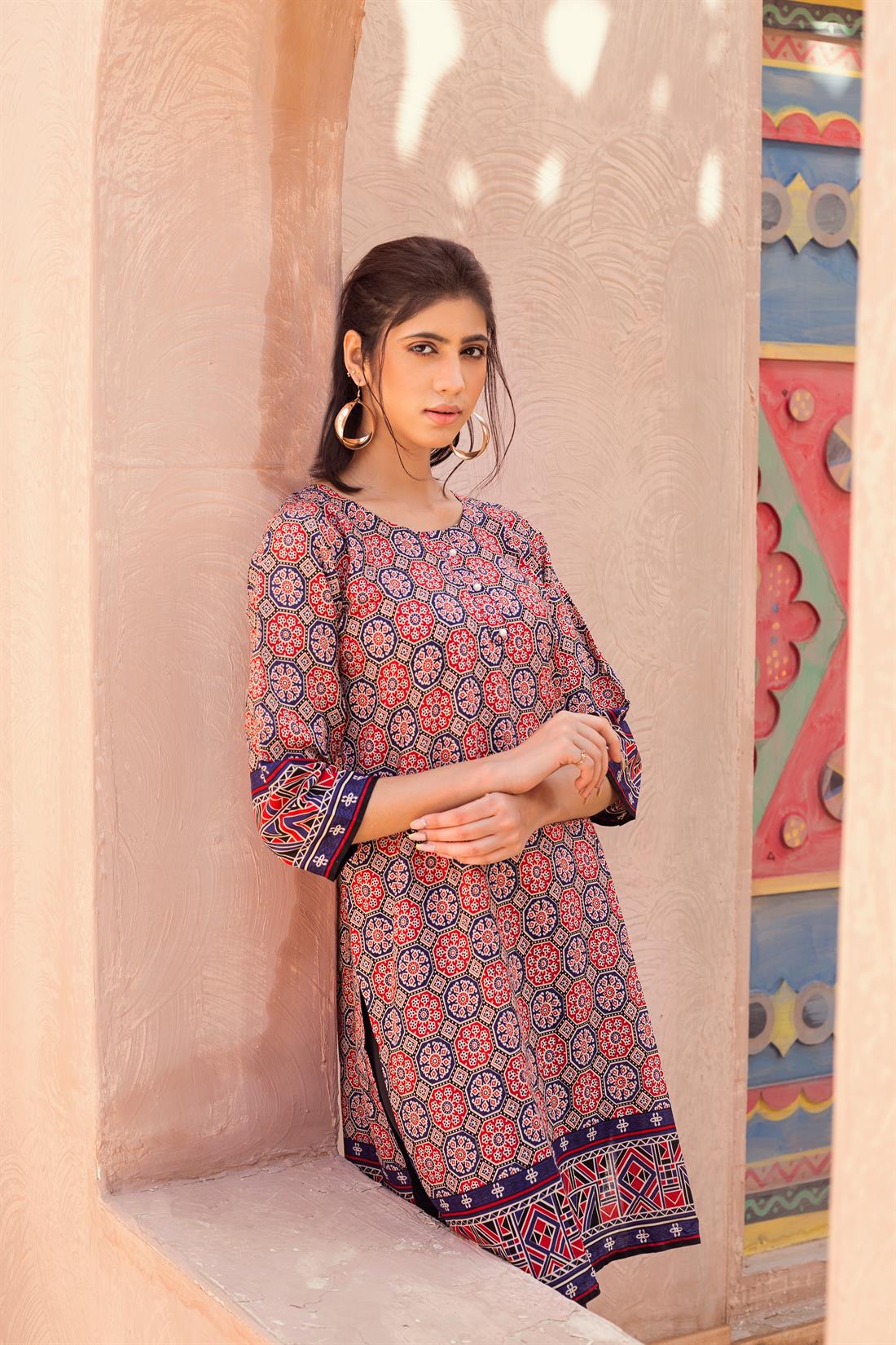 Navy & RED Navy/Red Traditional Printed Kurta with Pearl Button