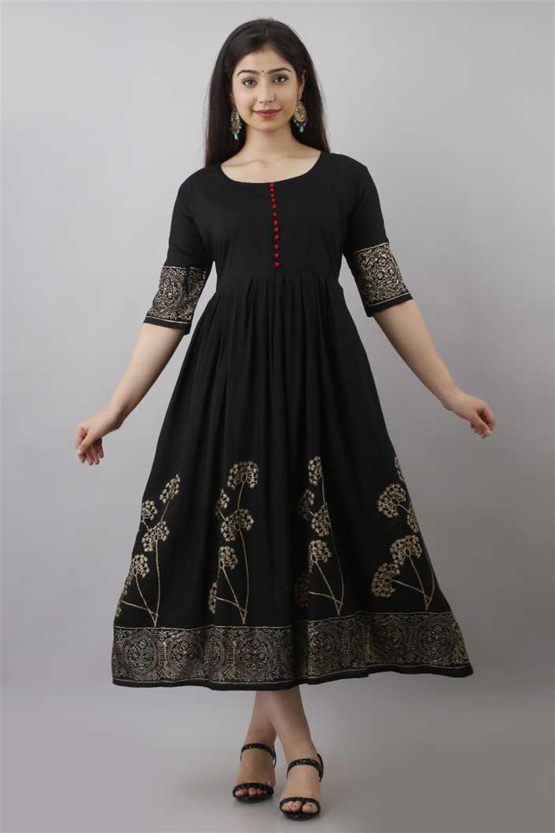 Black Women Printed Rayon Flared Kurta.
