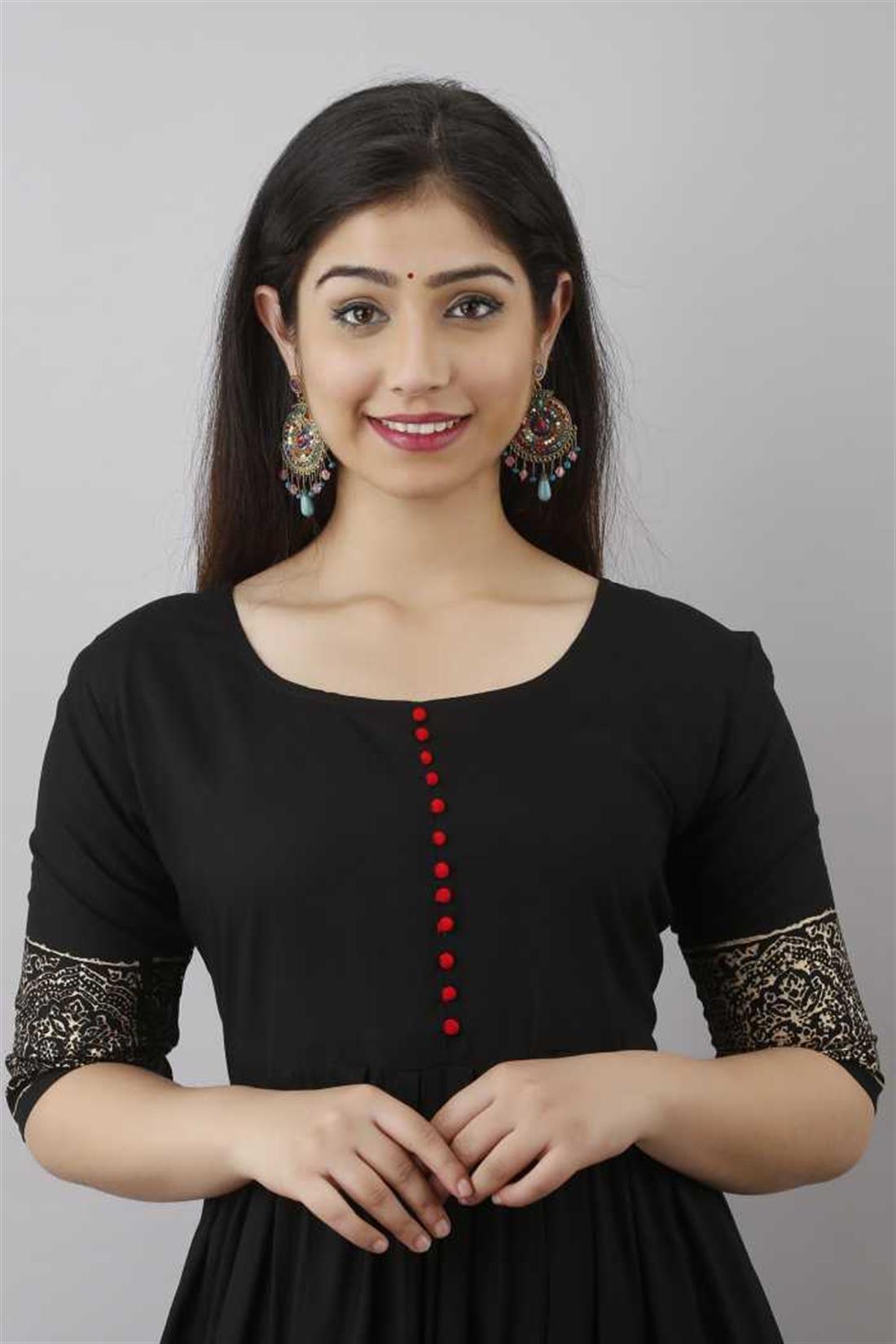 Black Women Printed Rayon Flared Kurta.