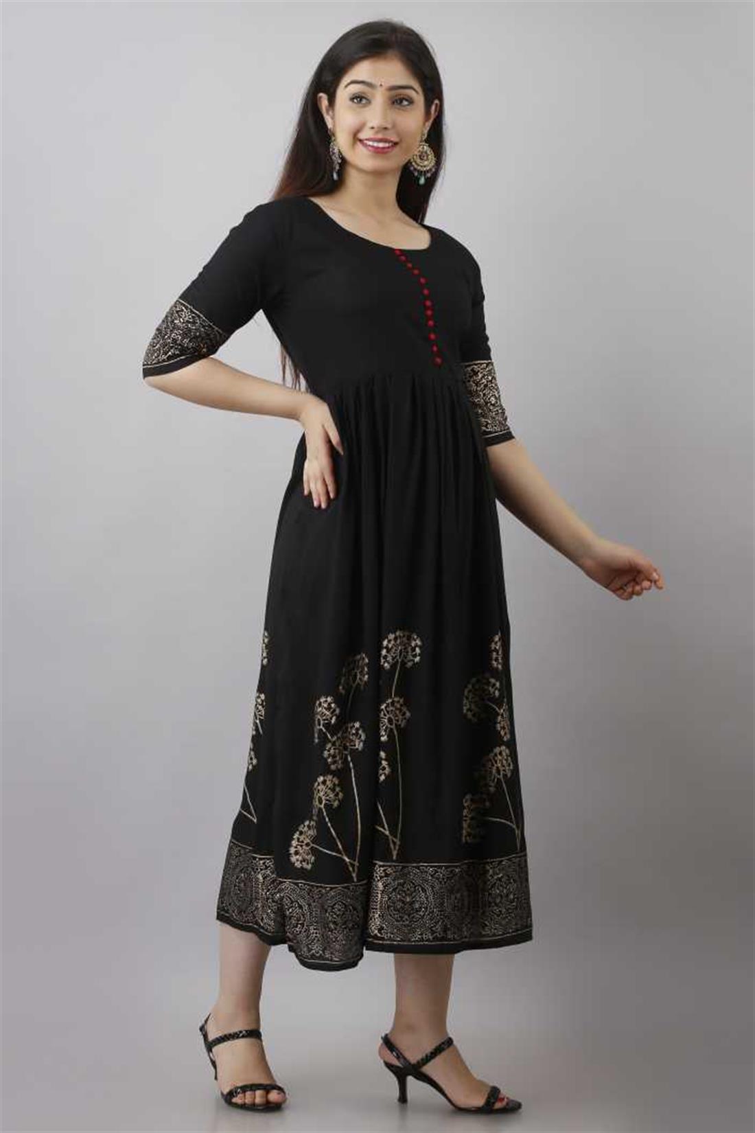 Black Women Printed Rayon Flared Kurta.
