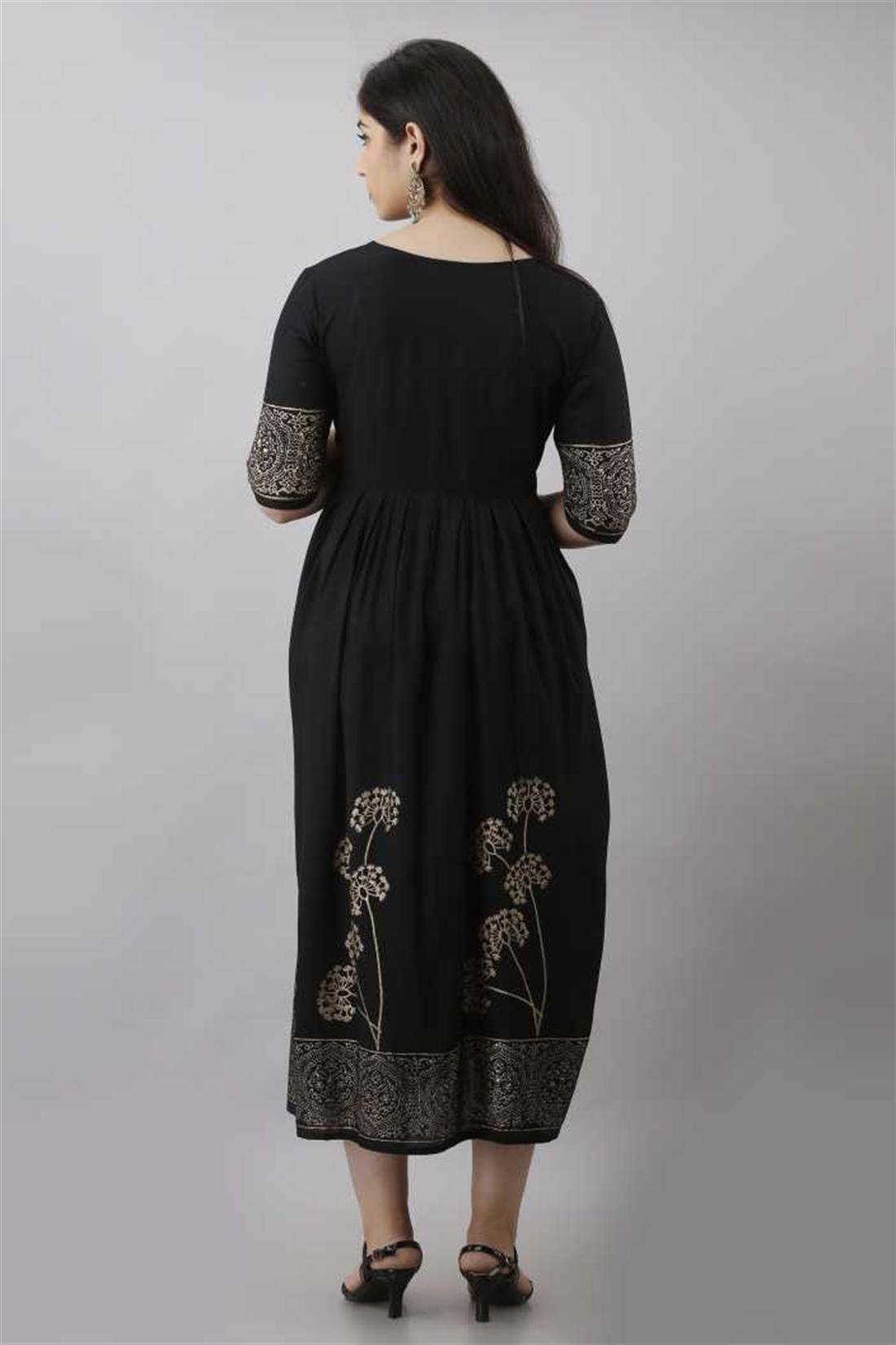 Black Women Printed Rayon Flared Kurta.