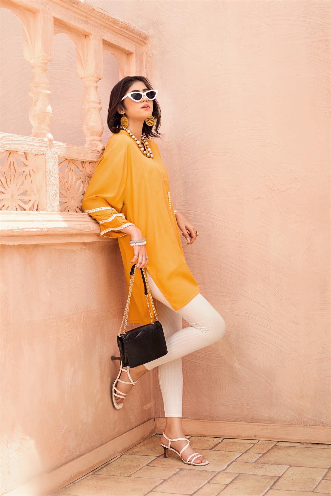 Mustard 1 PC Casual Readymade Box Cut Style Kurta