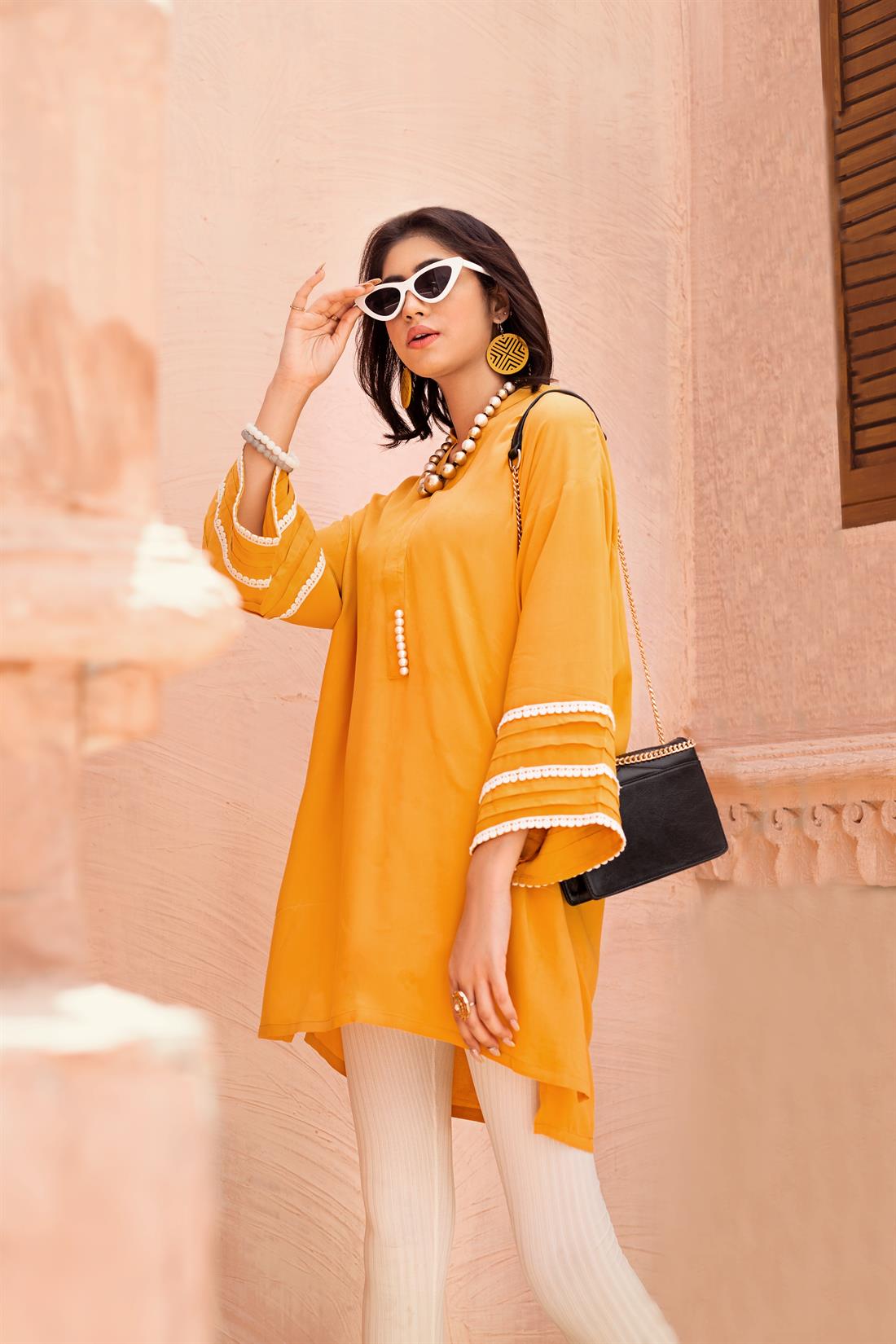 Mustard 1 PC Casual Readymade Box Cut Style Kurta
