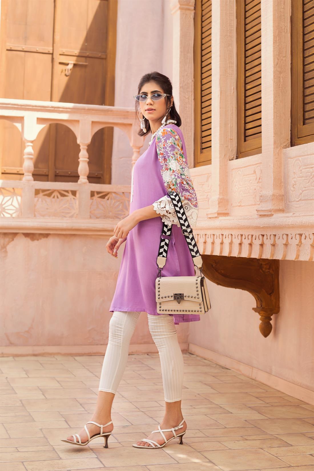 Lilac Casual Shirt with Embroidered Bell Sleeves