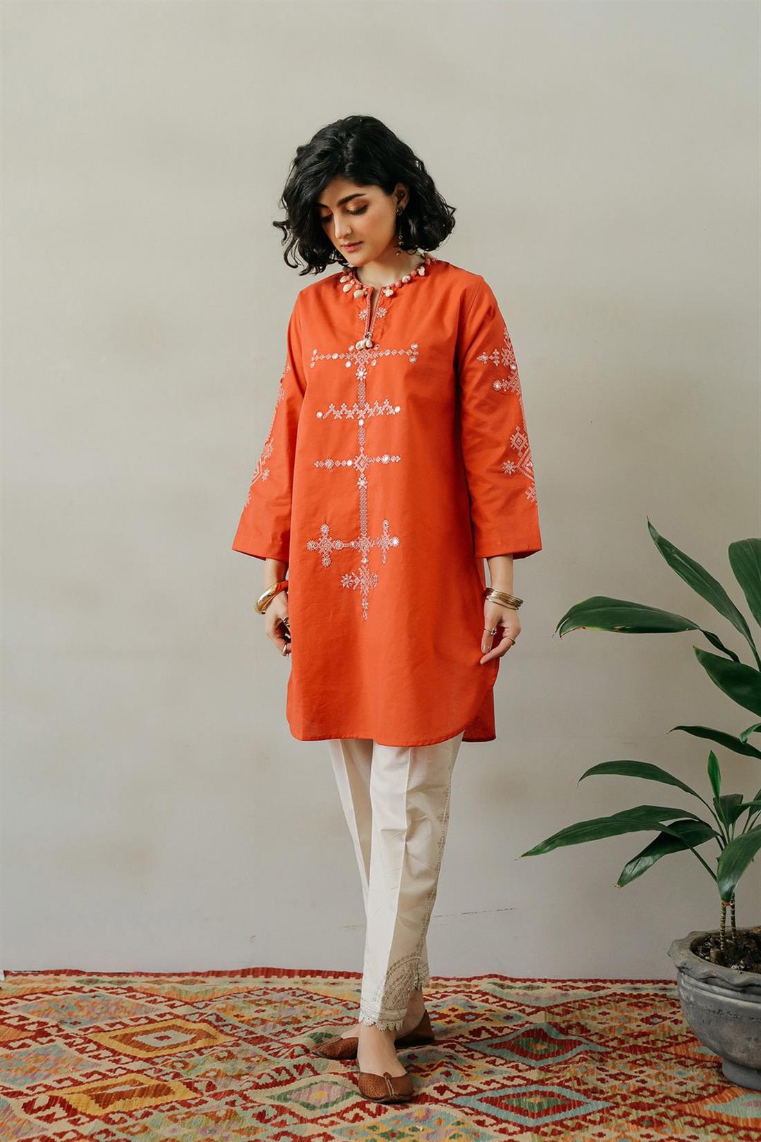 Red Embroidered Cotton Ladies Tunics and Kurta