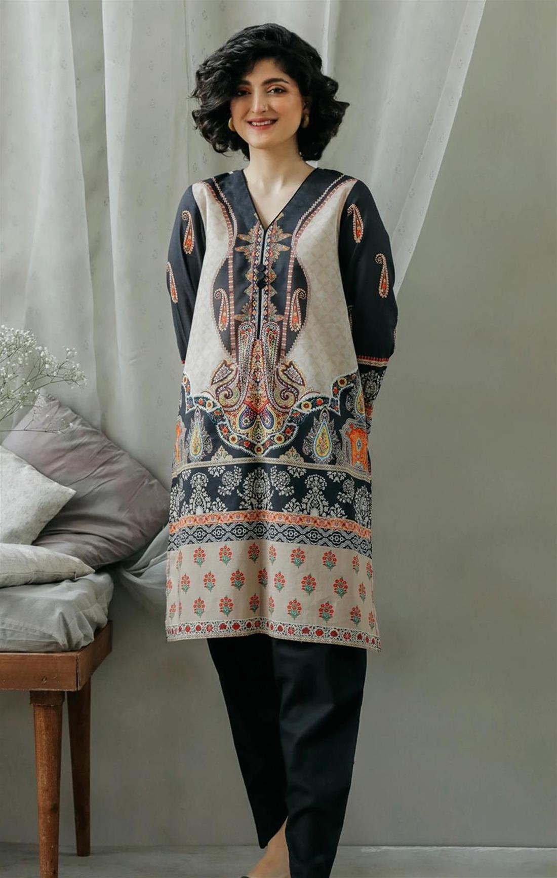 Black & Beige Black/Beige Printed Lawn V Neck Readymade Shirt