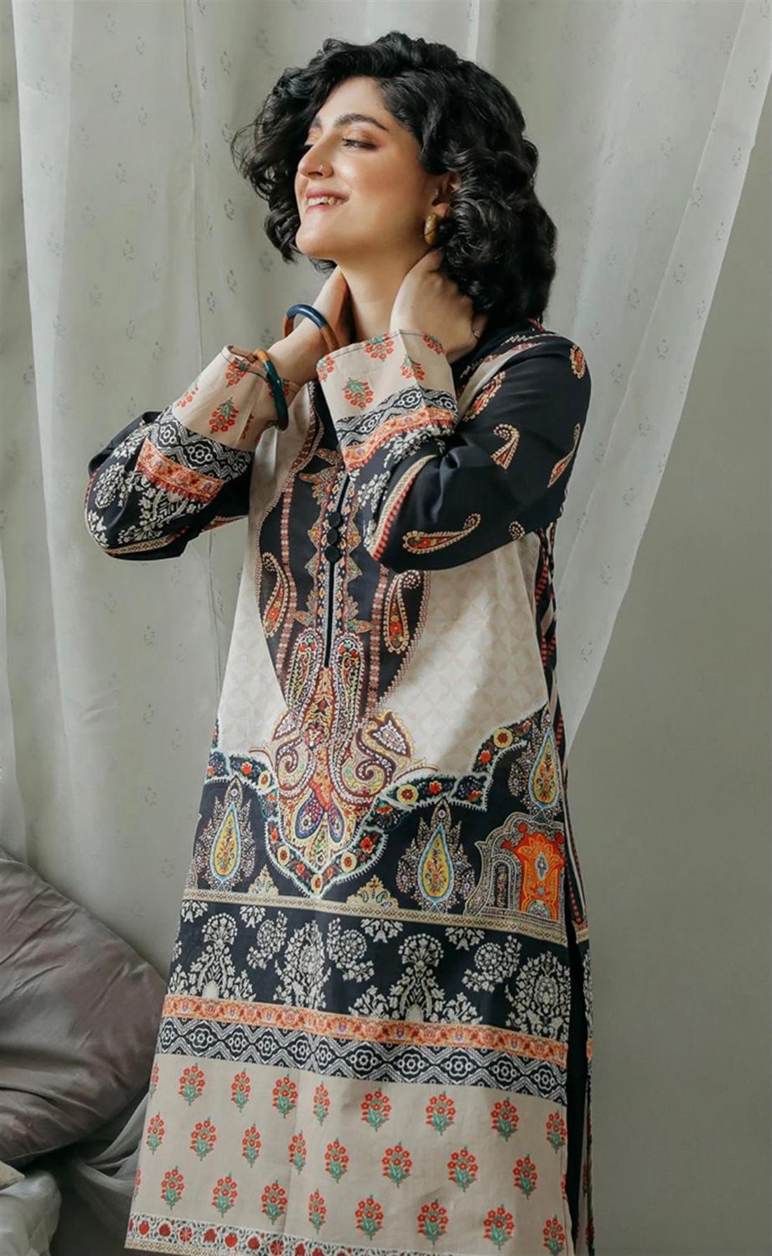 Black & Beige Black/Beige Printed Lawn V Neck Readymade Shirt