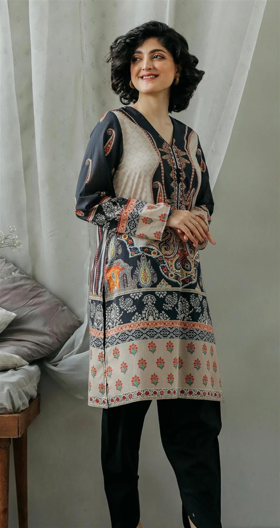 Black & Beige Black/Beige Printed Lawn V Neck Readymade Shirt