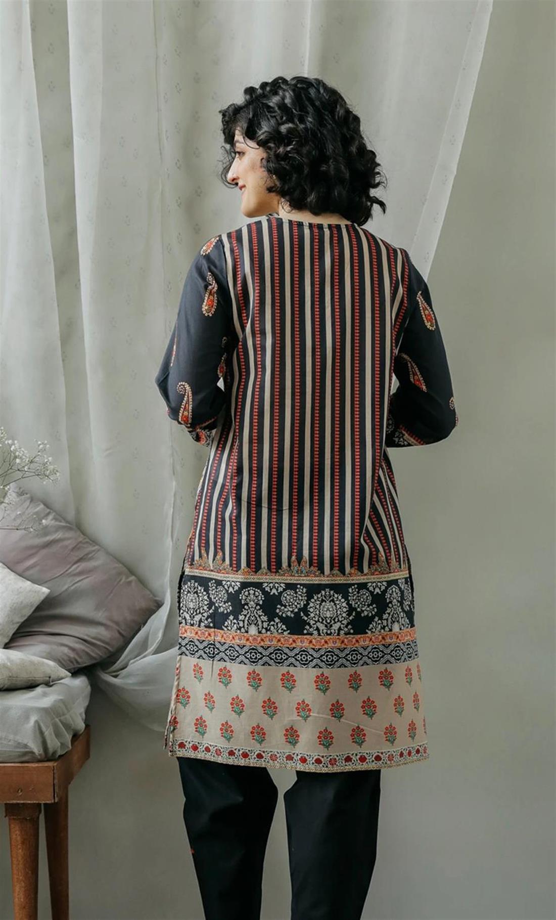 Black & Beige Black/Beige Printed Lawn V Neck Readymade Shirt