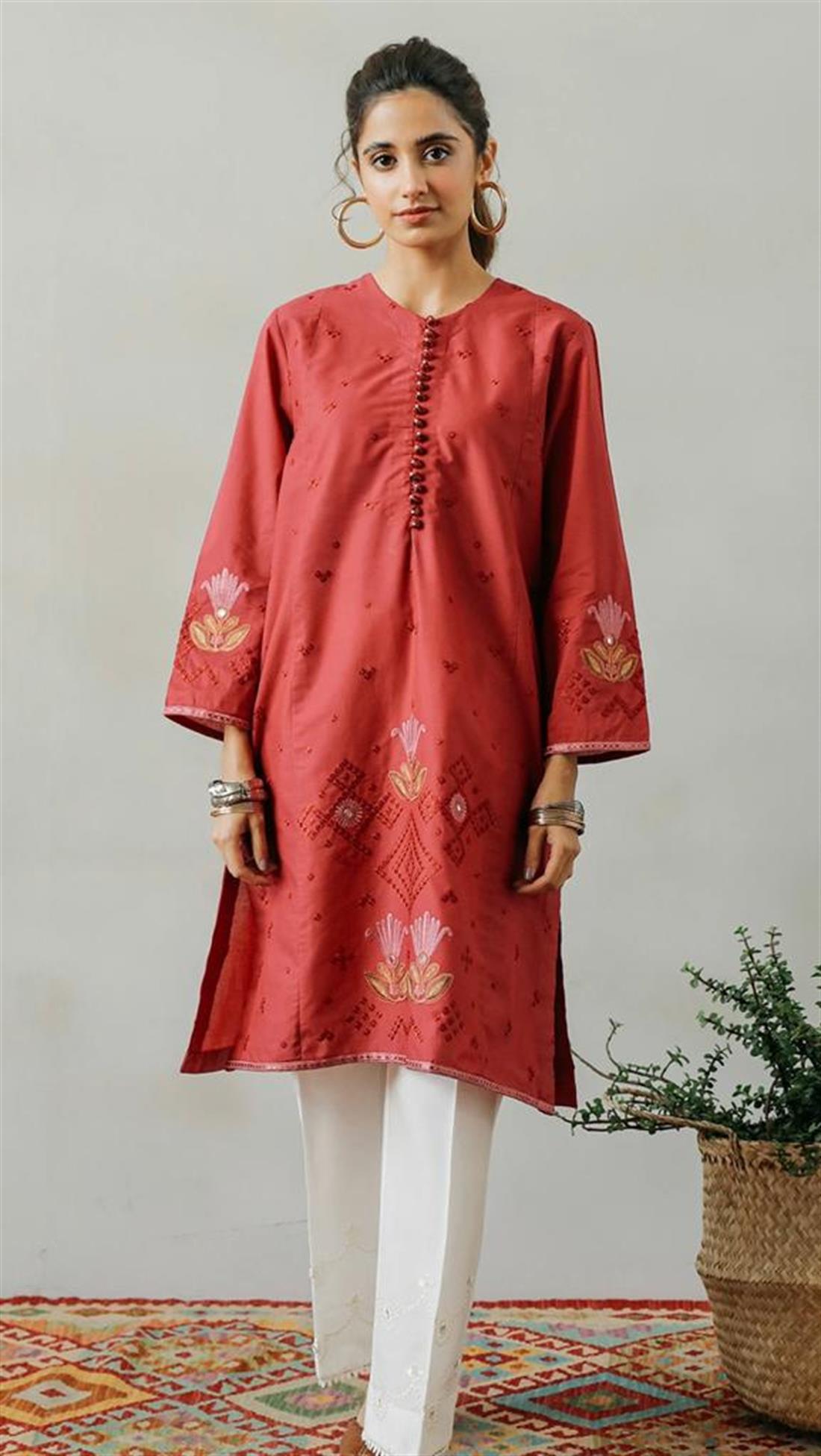 Magenta Pink Embroidered Ladies Readymade Rendered Lawn Shirt