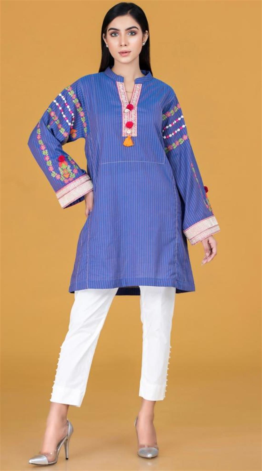 Blue Cambric Stripes Emb Stitched Shirt