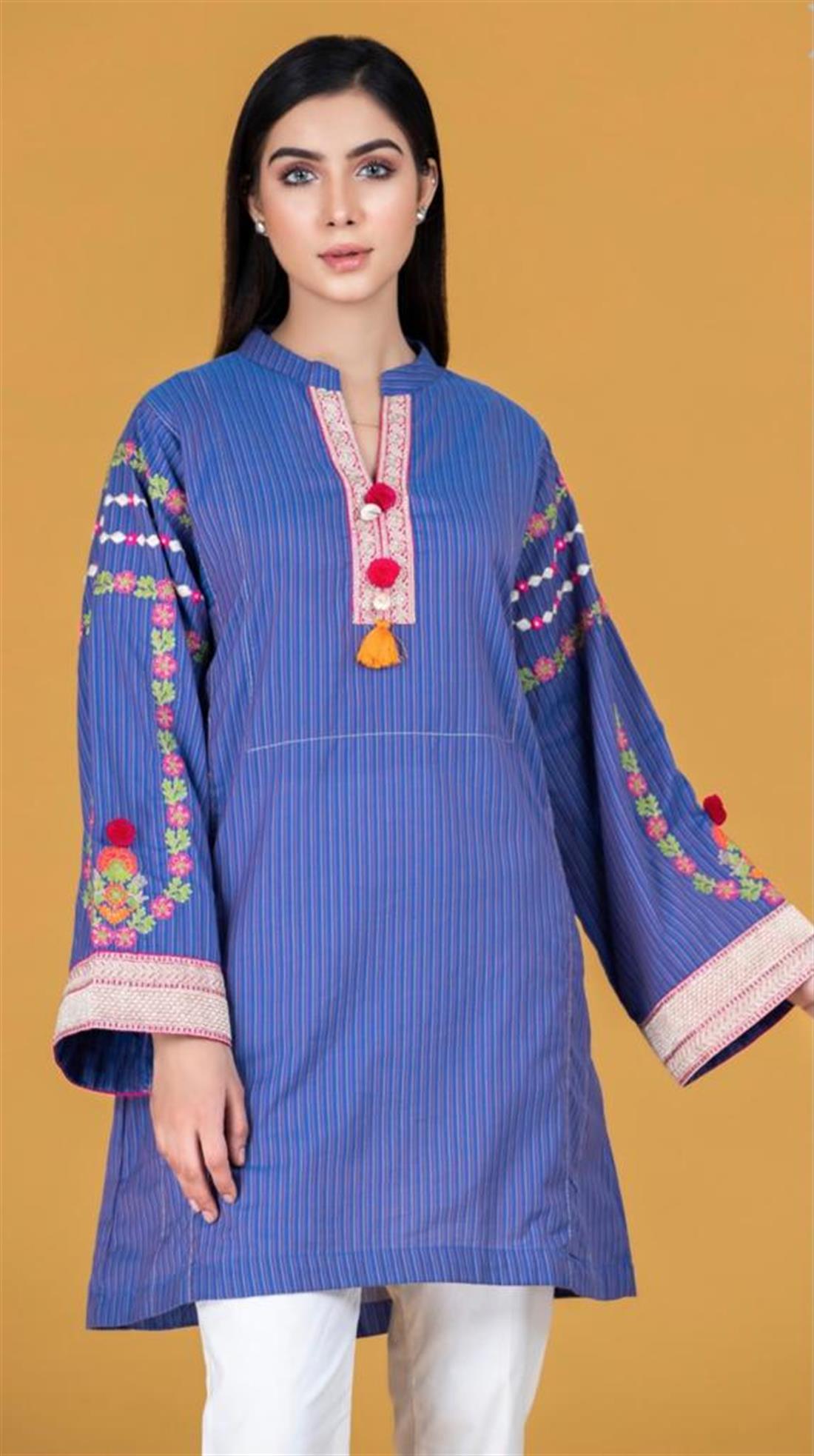 Blue Cambric Stripes Emb Stitched Shirt