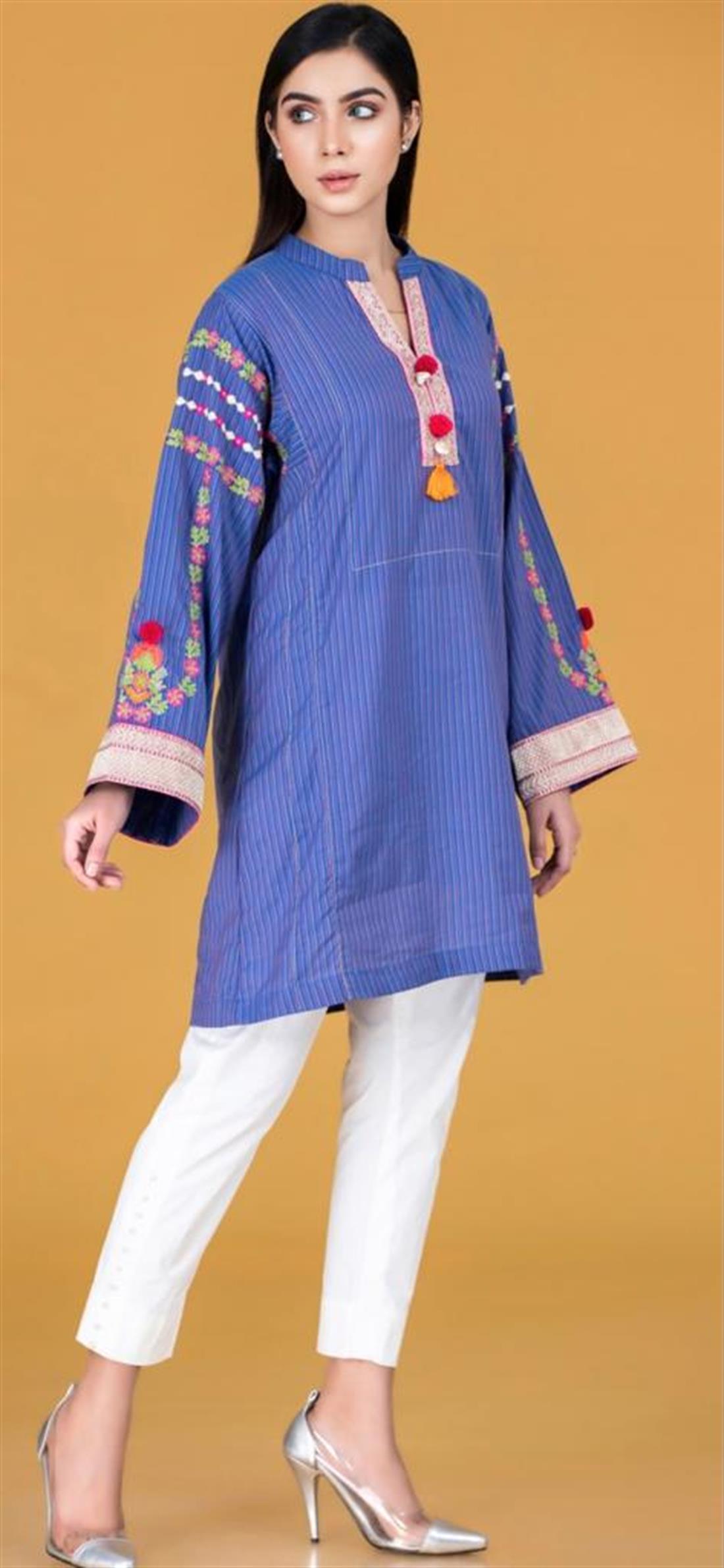 Blue Cambric Stripes Emb Stitched Shirt