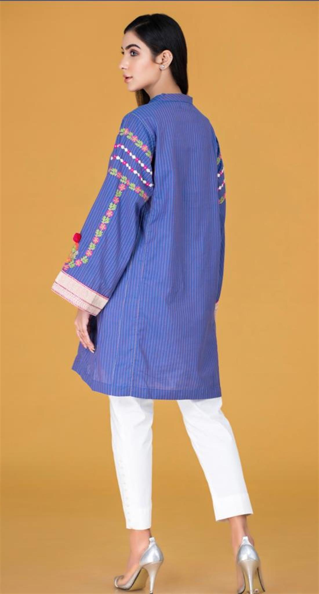 Blue Cambric Stripes Emb Stitched Shirt