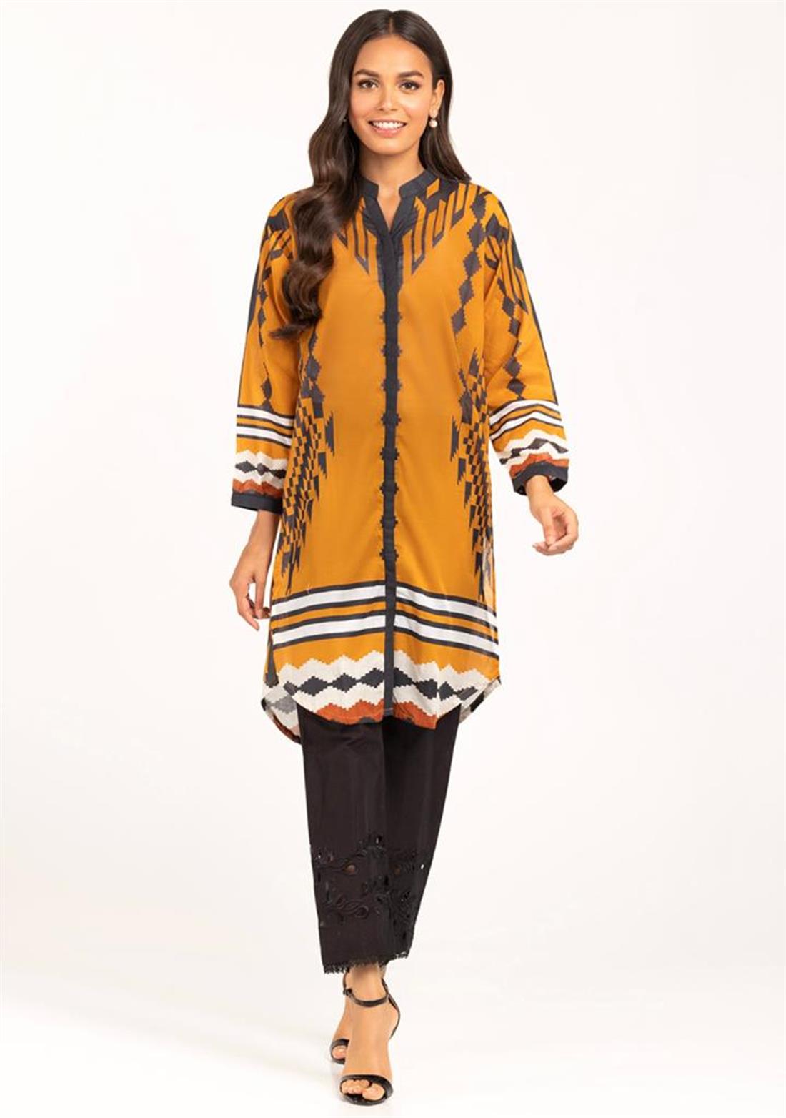Mustard & Black Digital Printed Cotton Shirt