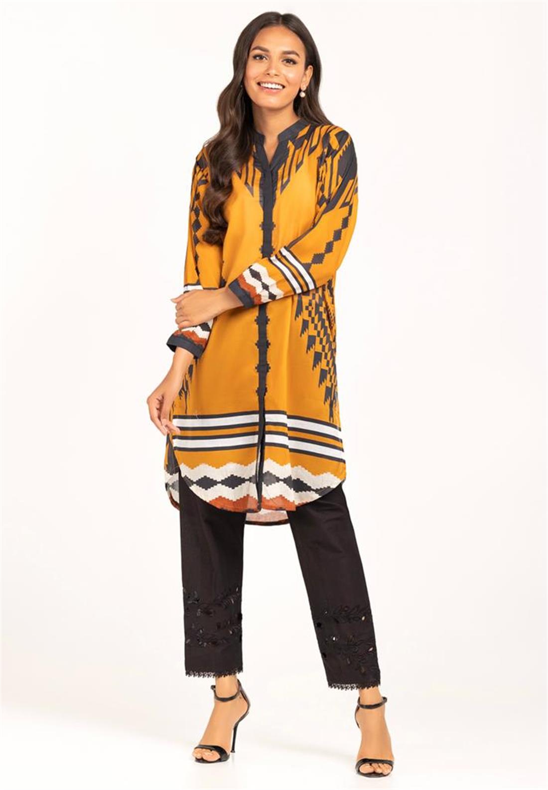Mustard & Black Digital Printed Cotton Shirt