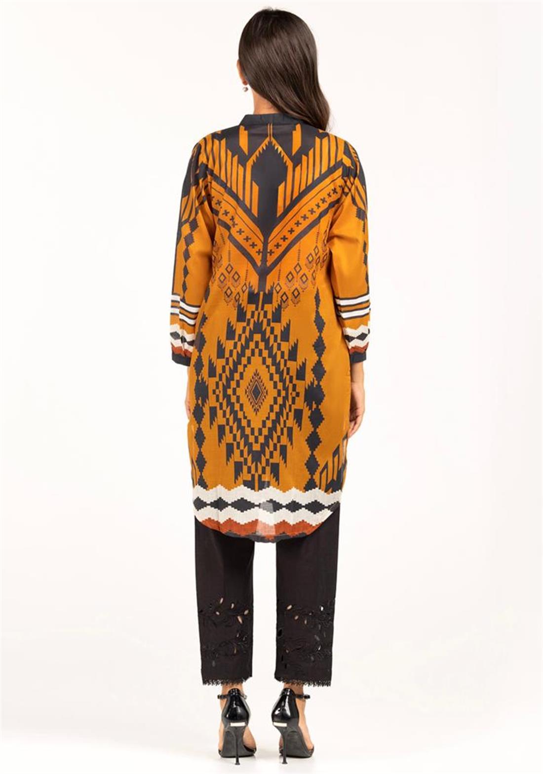Mustard & Black Digital Printed Cotton Shirt