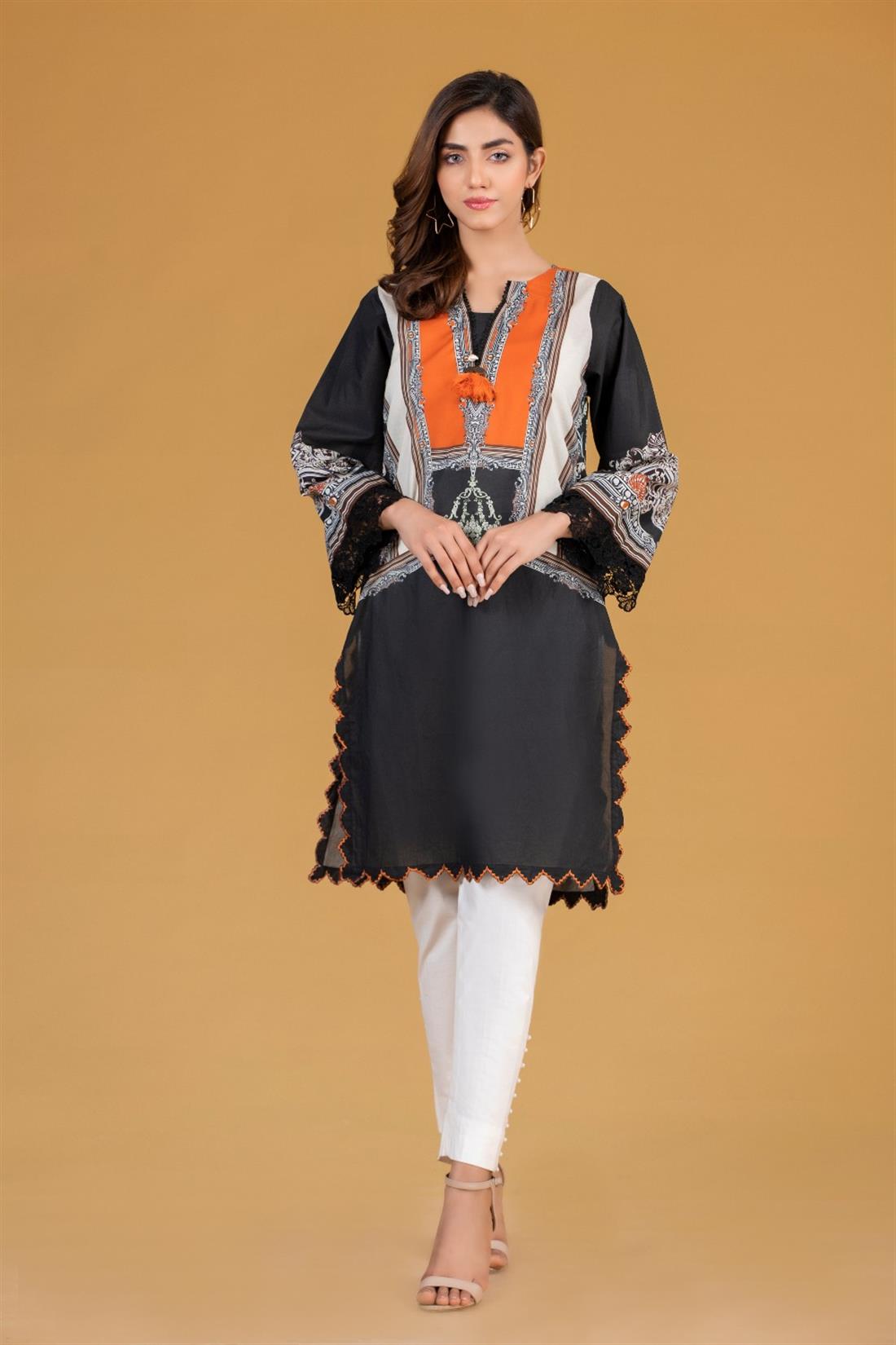 Black & Orange Cambric Digital Printed Shirt