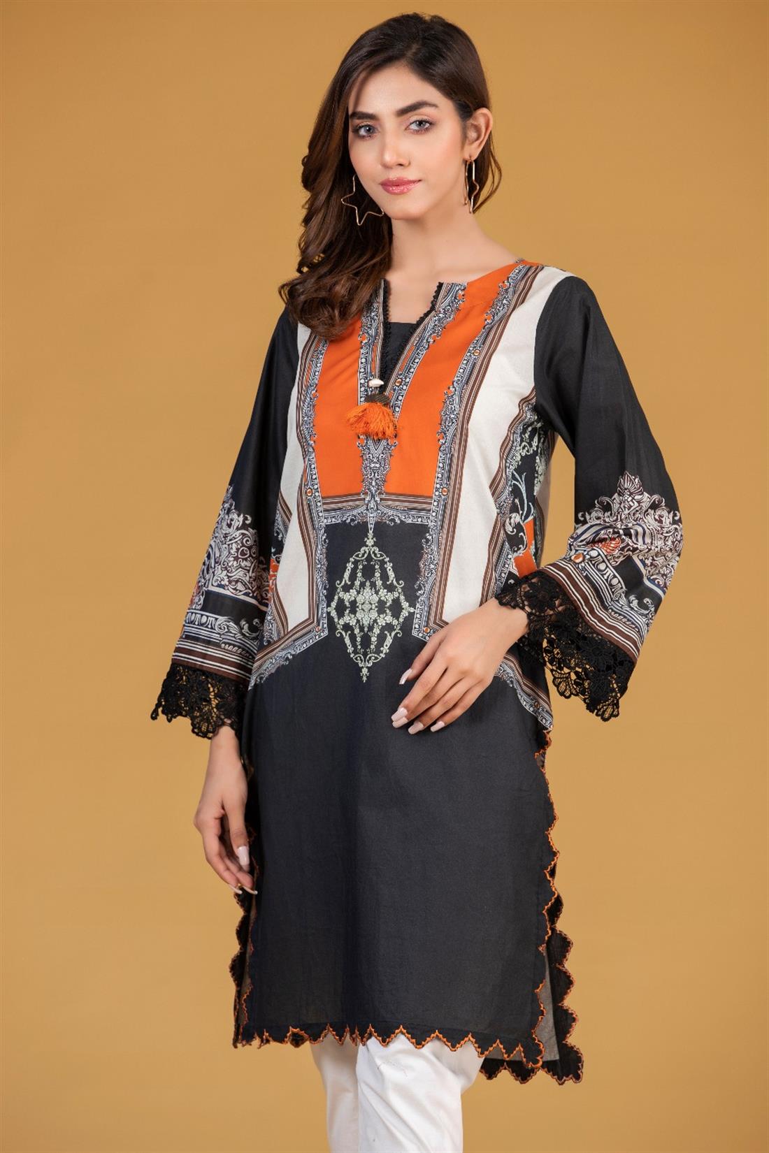Black & Orange Cambric Digital Printed Shirt