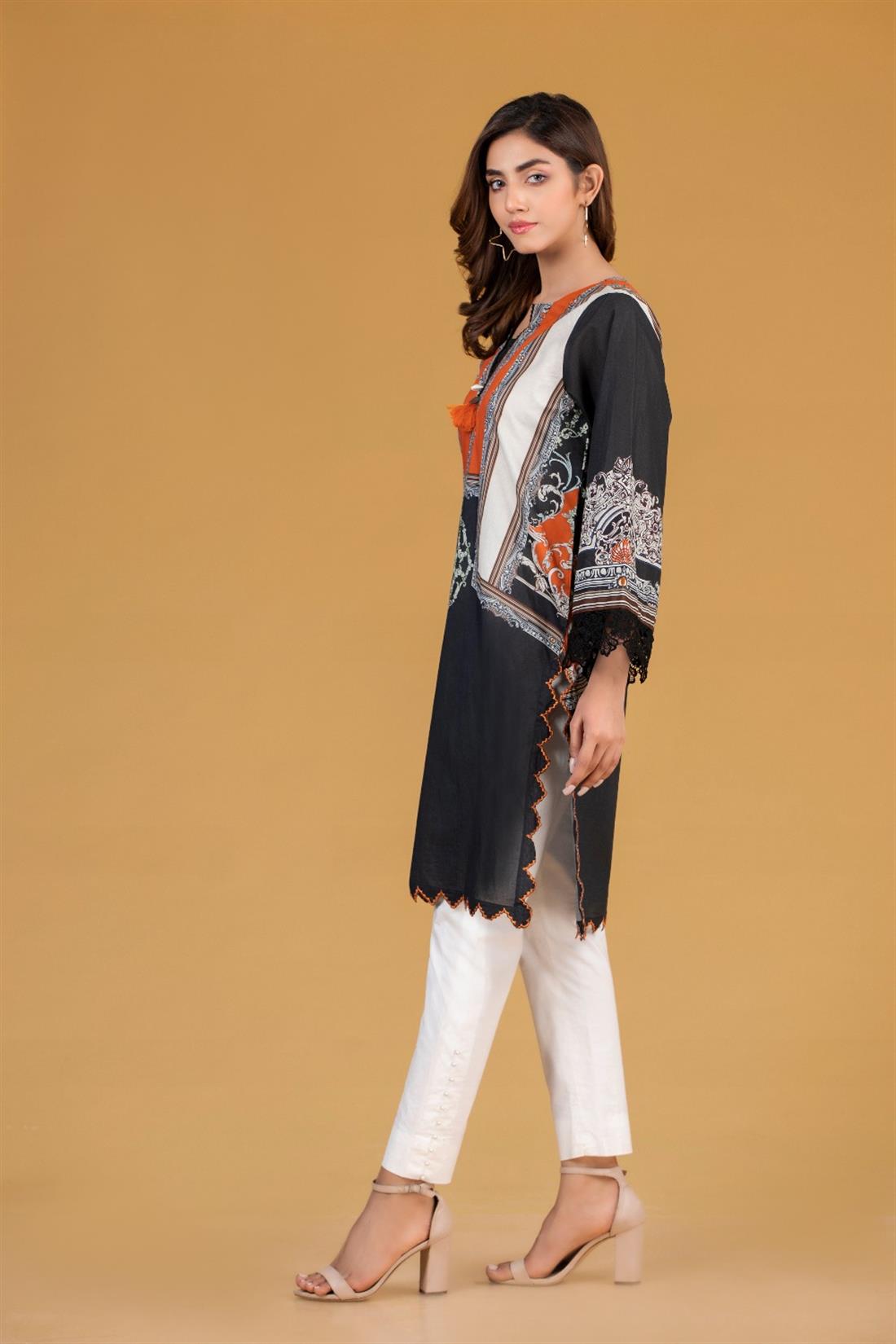 Black & Orange Cambric Digital Printed Shirt