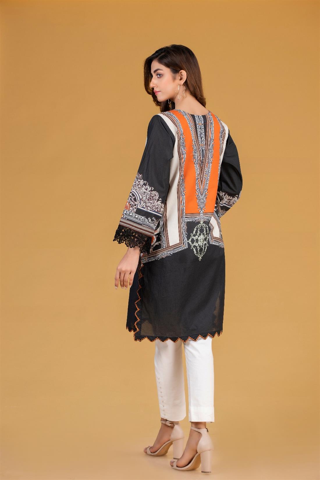 Black & Orange Cambric Digital Printed Shirt